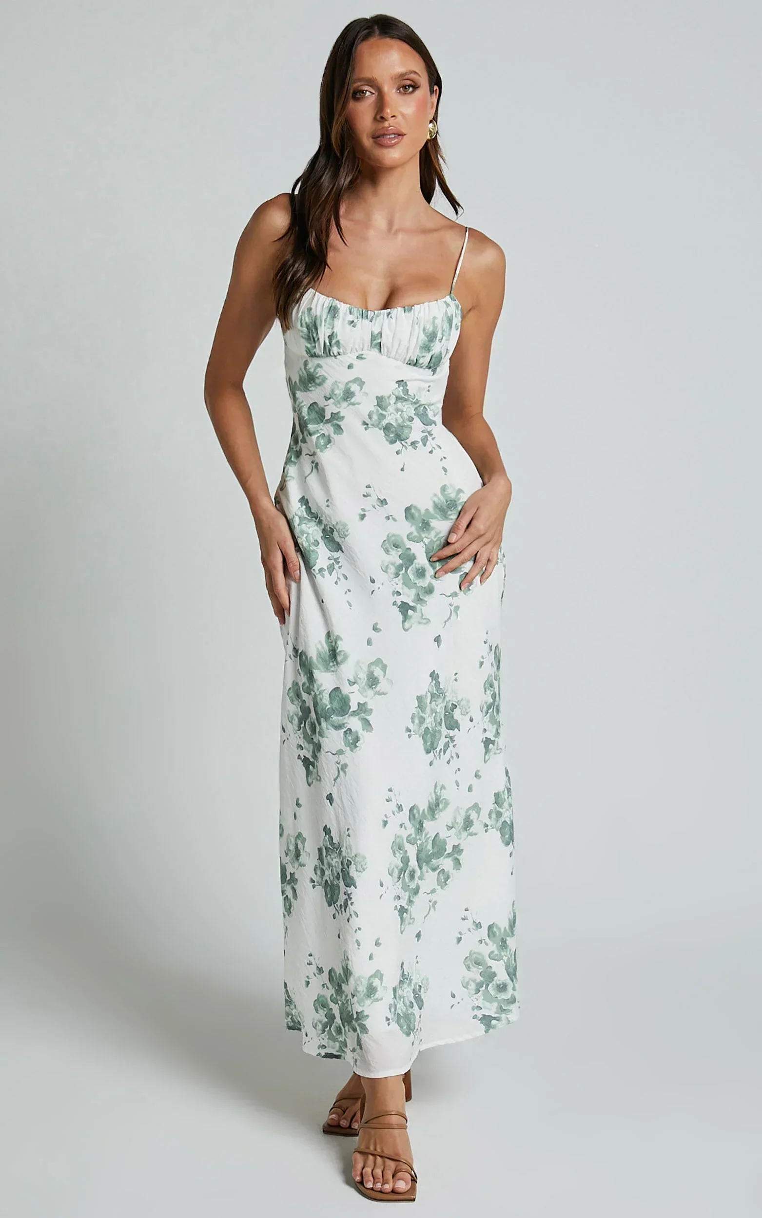 Bettina Midi Dress - Strappy Ruched Bust Slip Dress in Green and White Print