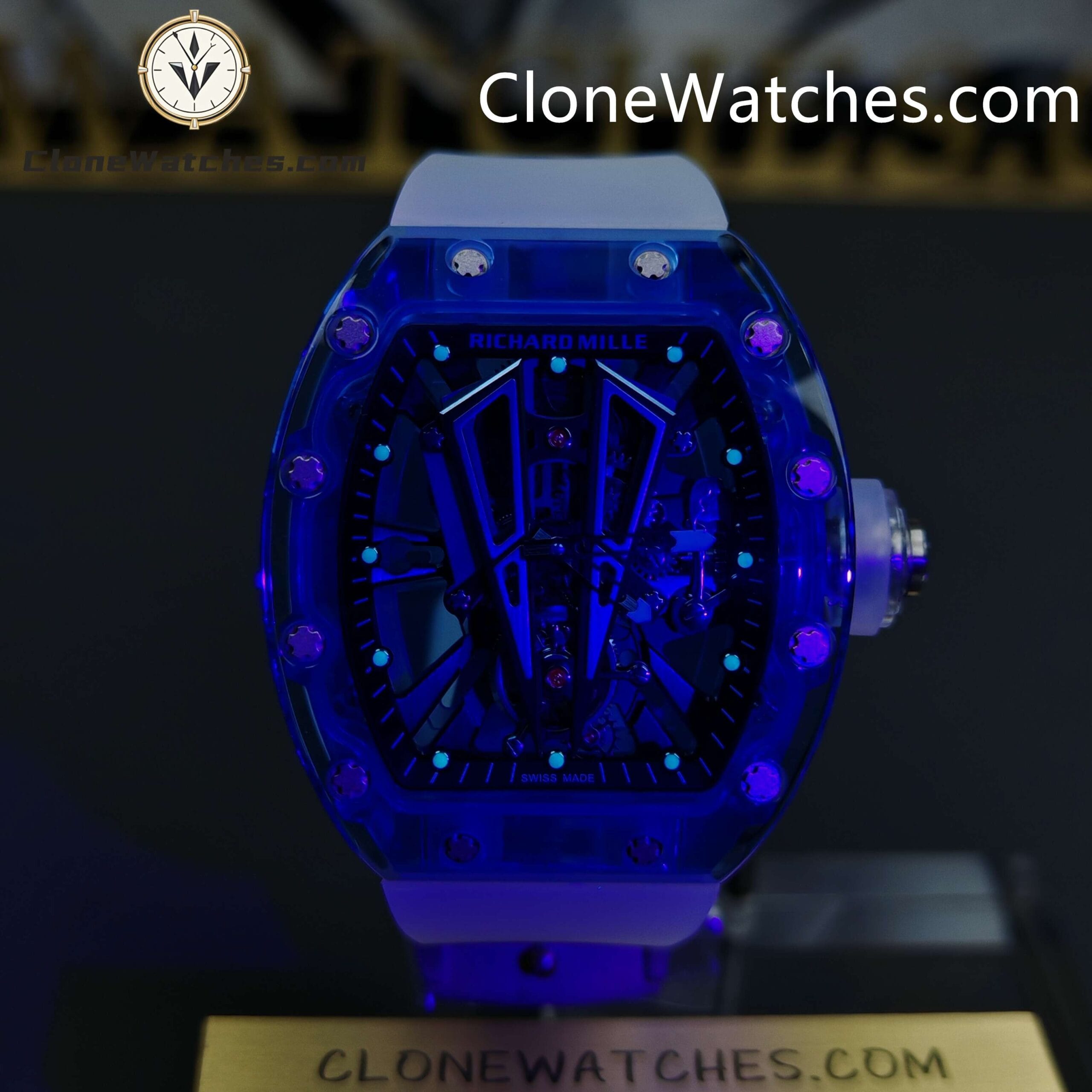Richard Mille Super Clone Watches 1:1 RM 027 – 03 Blue Crystal Full Transparent Tourbillon White Strap