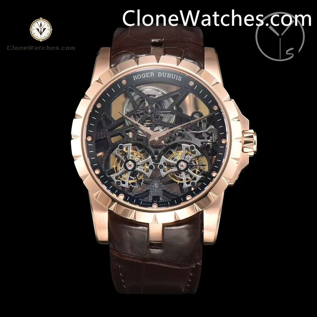 Roger Dubuis Super Clone Watches 1:1 Excalibur Rose Gold Skeleton Double Flying Tourbillon RDDBEX0395 45MM