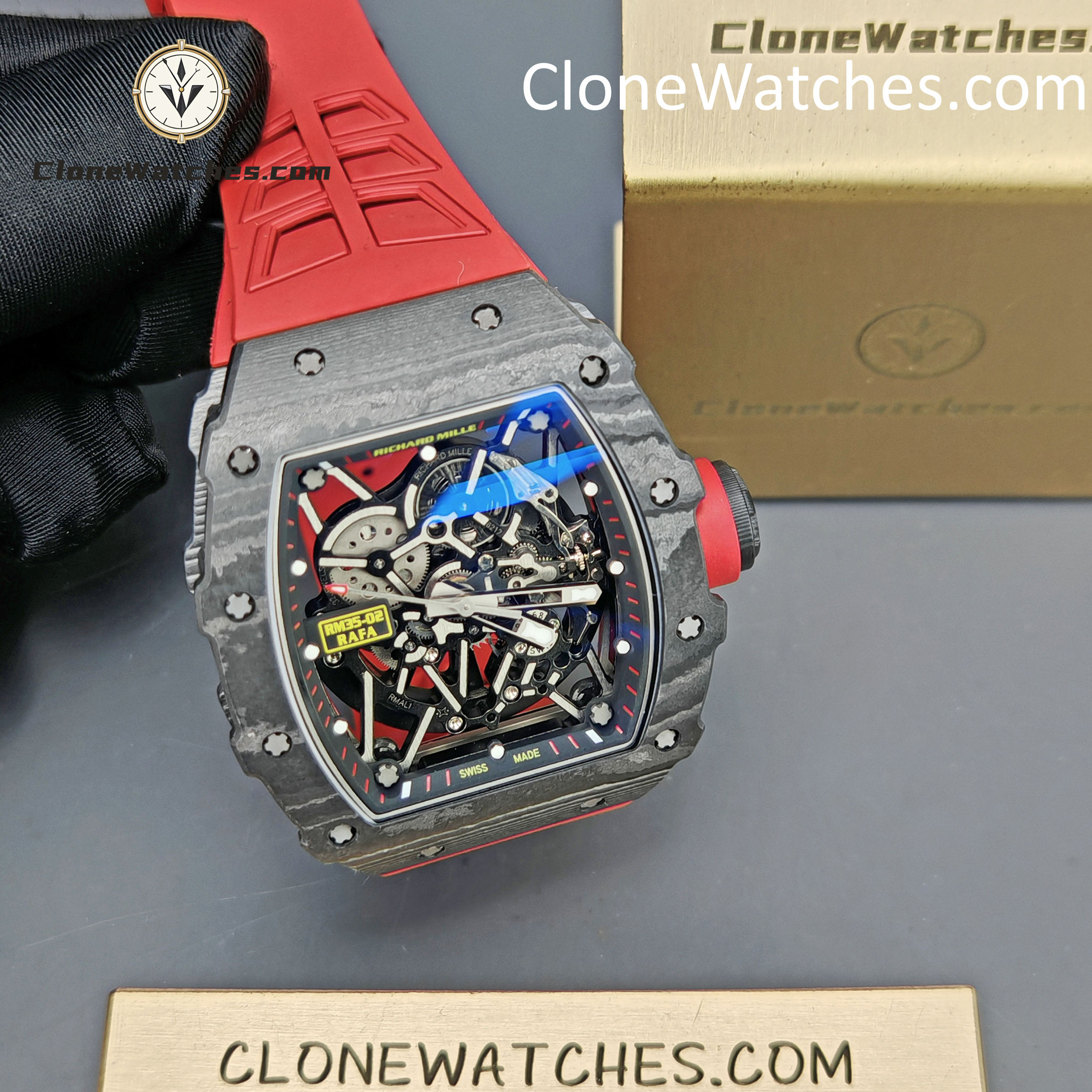 Richard Mille Super Clone Watches 1:1 RM 035 – 02 NTPT Carbon Fiber Red Rubber Strap