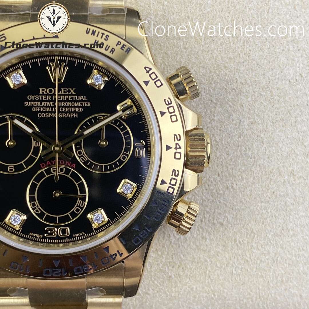 Rolex Super Clone Watches 1:1 Daytona 18K Gold Black Diamonds Dial M116508-0008 4130 Movement