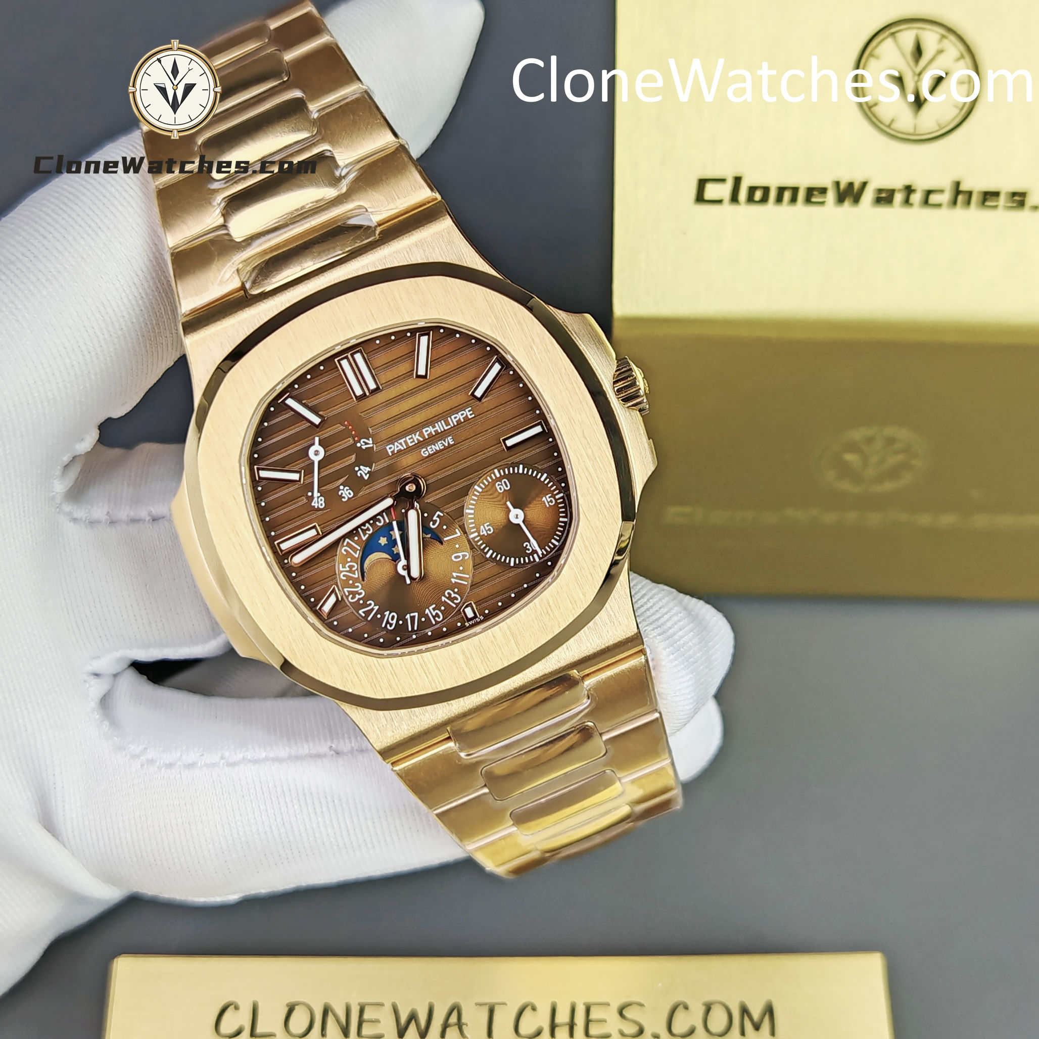 Patek Philippe Super Clone Watches 1:1 Nautilus Moon Phase 18K Rose Gold 5712 Brown Dial New Buckle