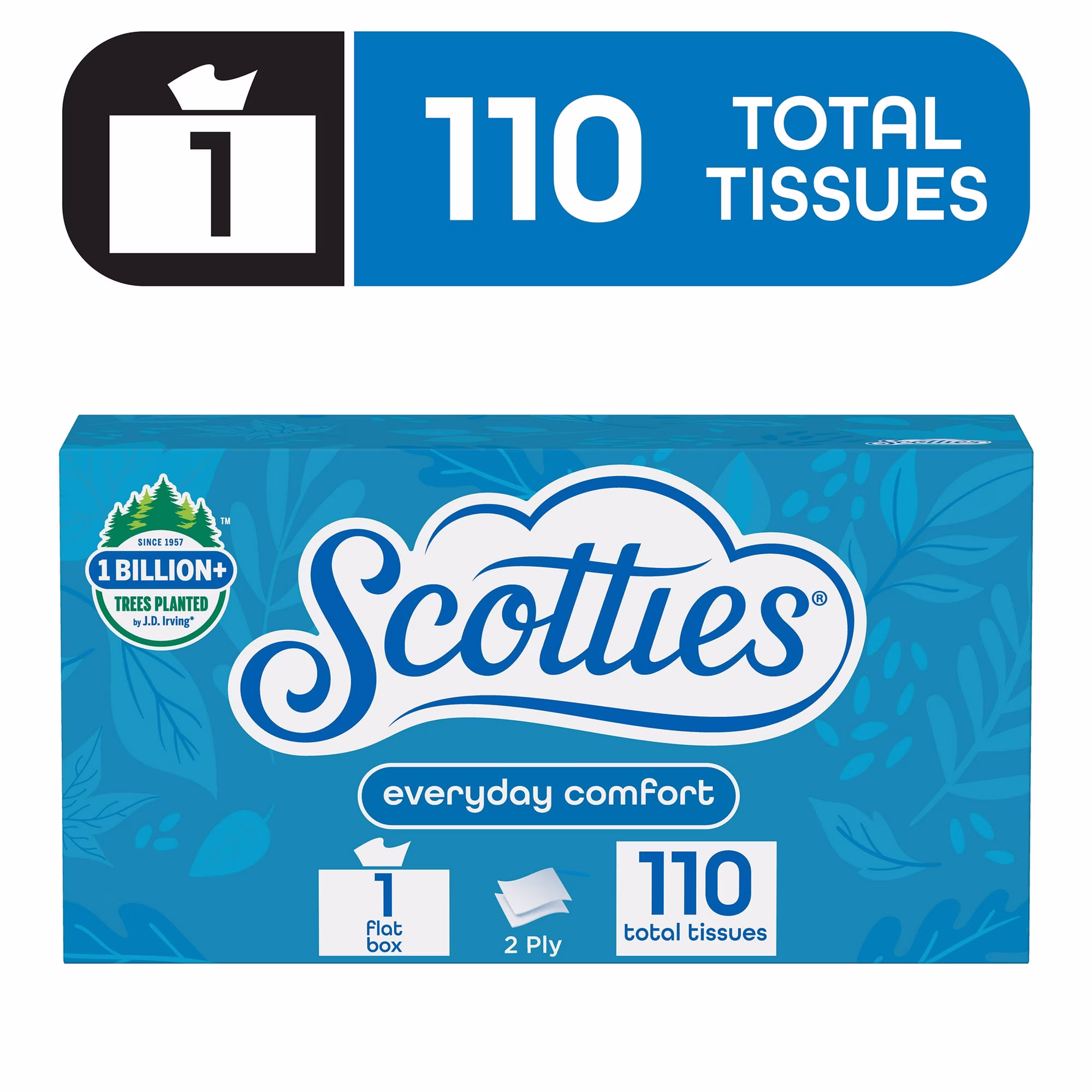 (2 pack) Scotties Everyday Comfort Facial Tissues, 1 Flat Box, 110 Facial Tissues per Box, 2-Ply