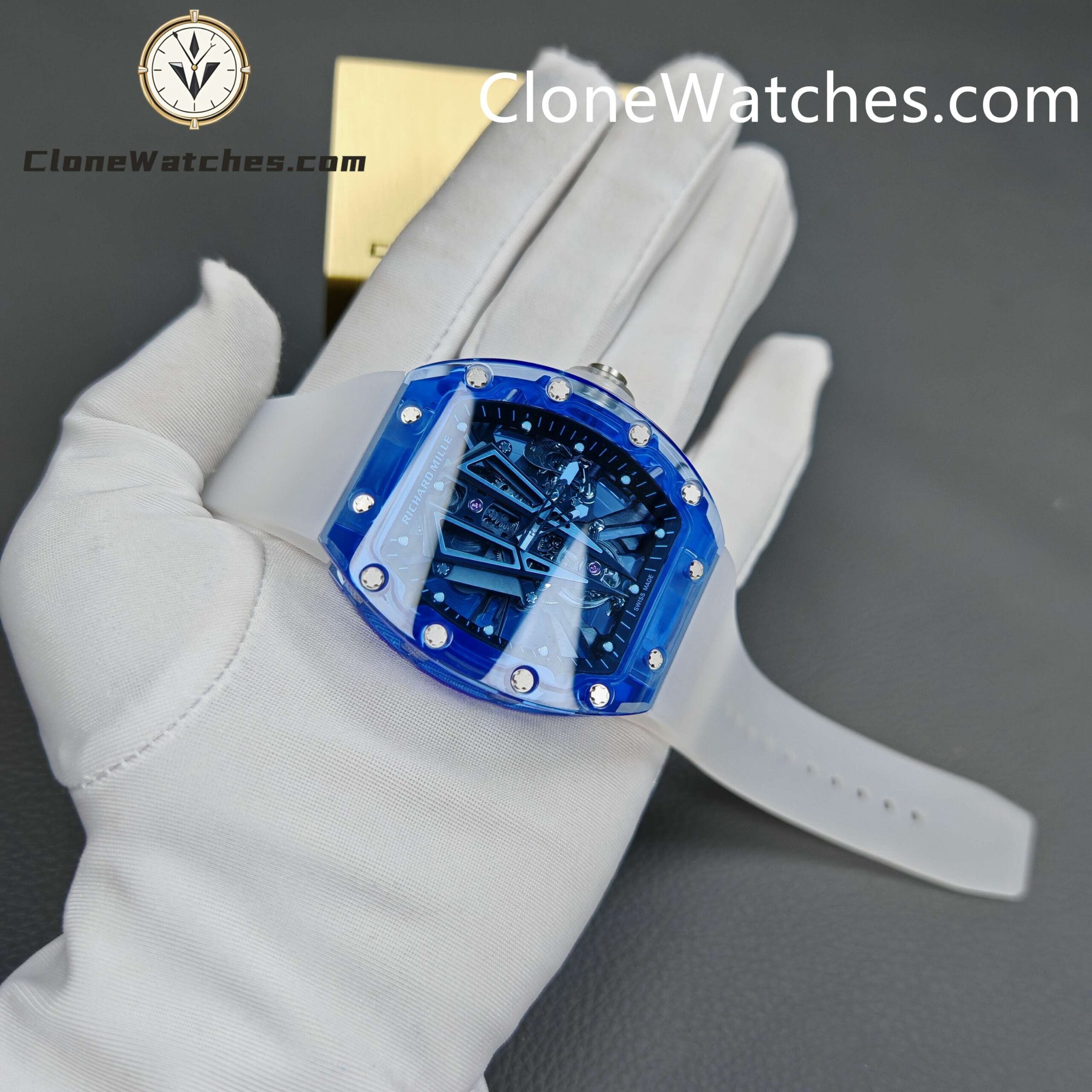 Richard Mille Super Clone Watches 1:1 RM 027 – 03 Blue Crystal Full Transparent Tourbillon White Strap