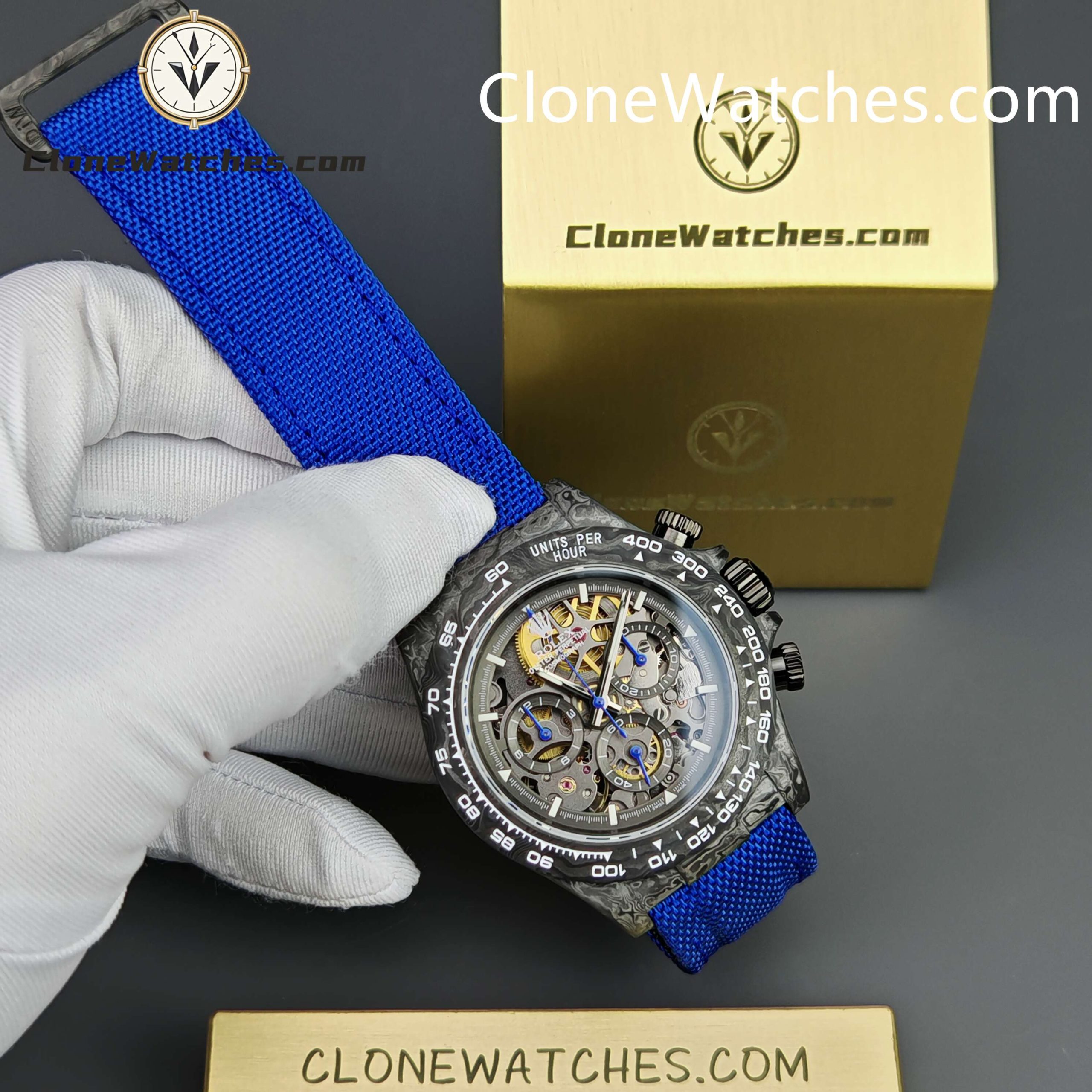 Modified Super Clone Watches 1:1 GET Rolex Daytona Skeleton Dial 4130 Movement Blue Strap
