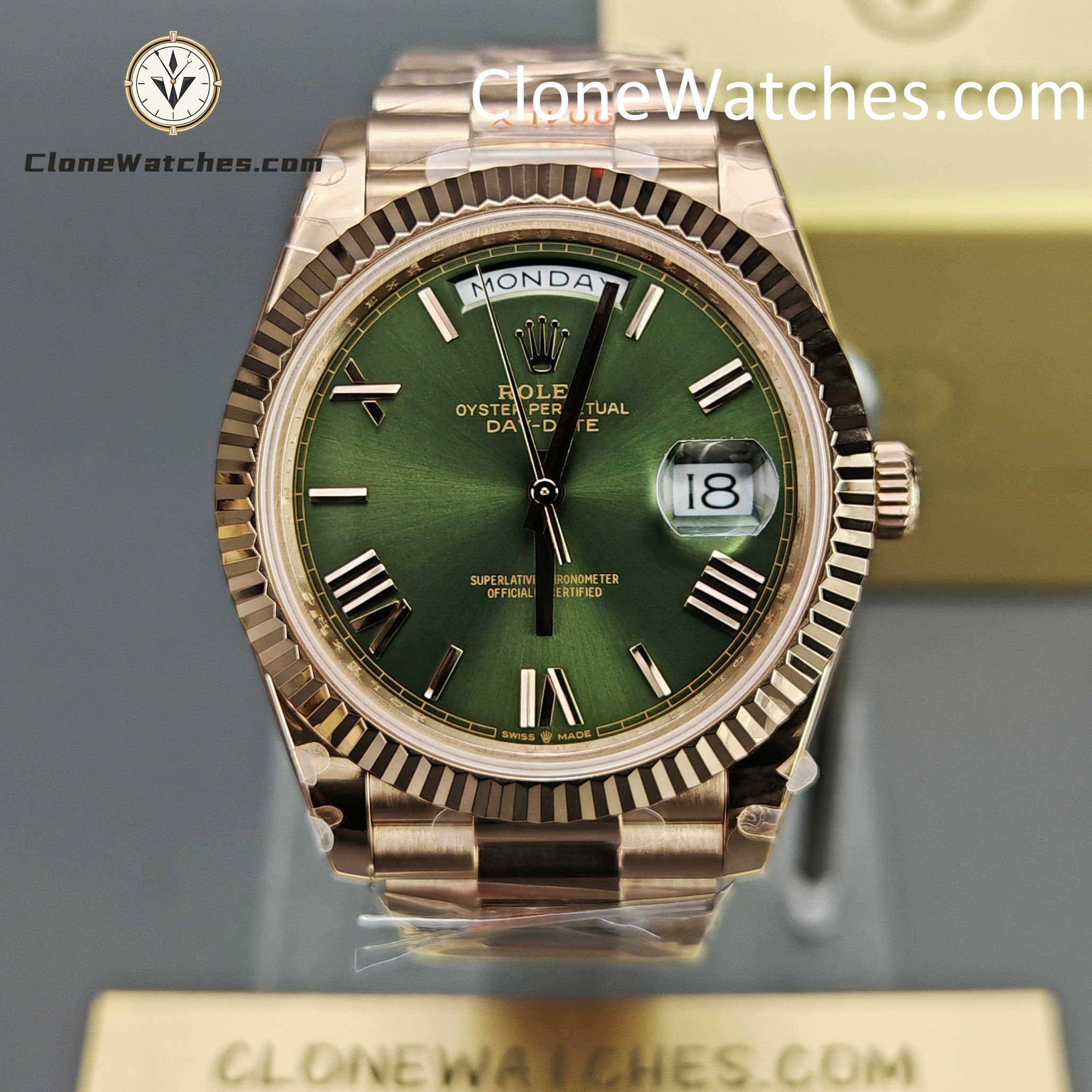 Rolex Super Clone Watches 1:1 Day Date 18K Rose Gold Olive Green Dial 40mm m228235-0025 3255 Movement