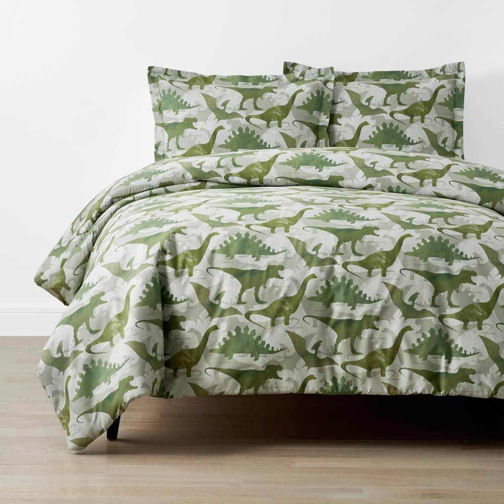 Dino World Classic Cool Organic Cotton Percale Duvet Cover Set - Dark Gray/Green, Size Full | The Company Store