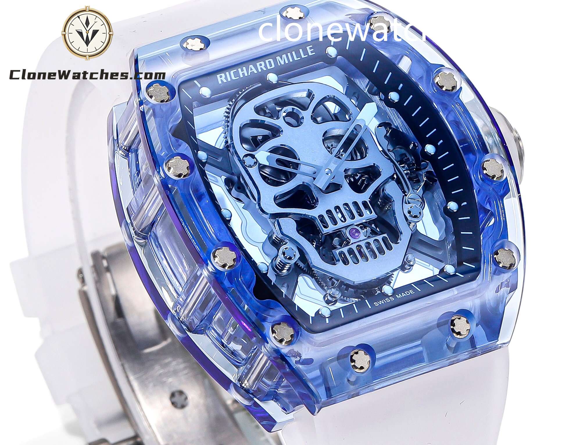 Richard Mille Super Clone Watches 1:1 RM 052 Blue Crystal Full Transparent Tourbillon White Strap
