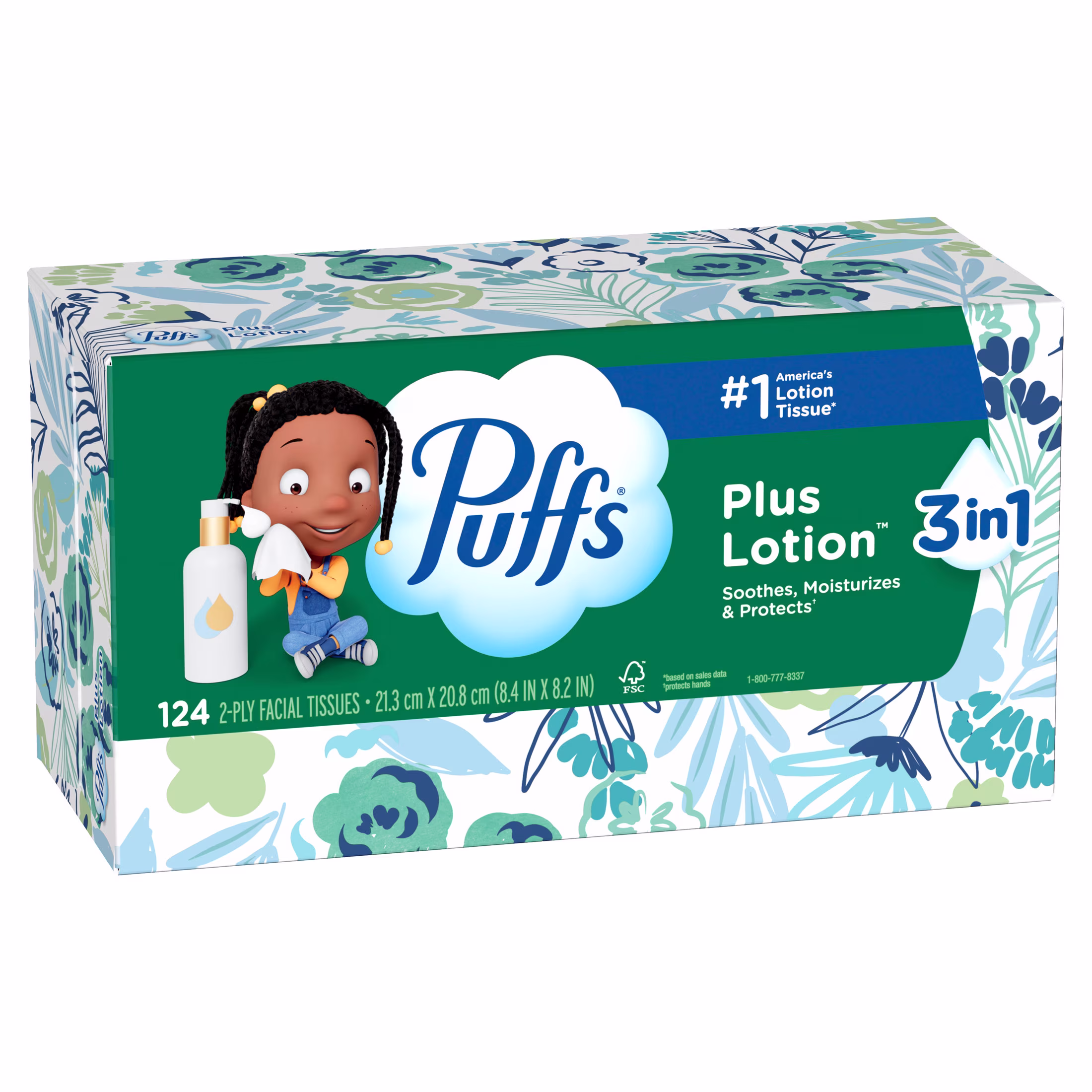 Puffs Facial Tissue Plus Lotion, 1 Rectangle Box, 124 Tissues Per Box