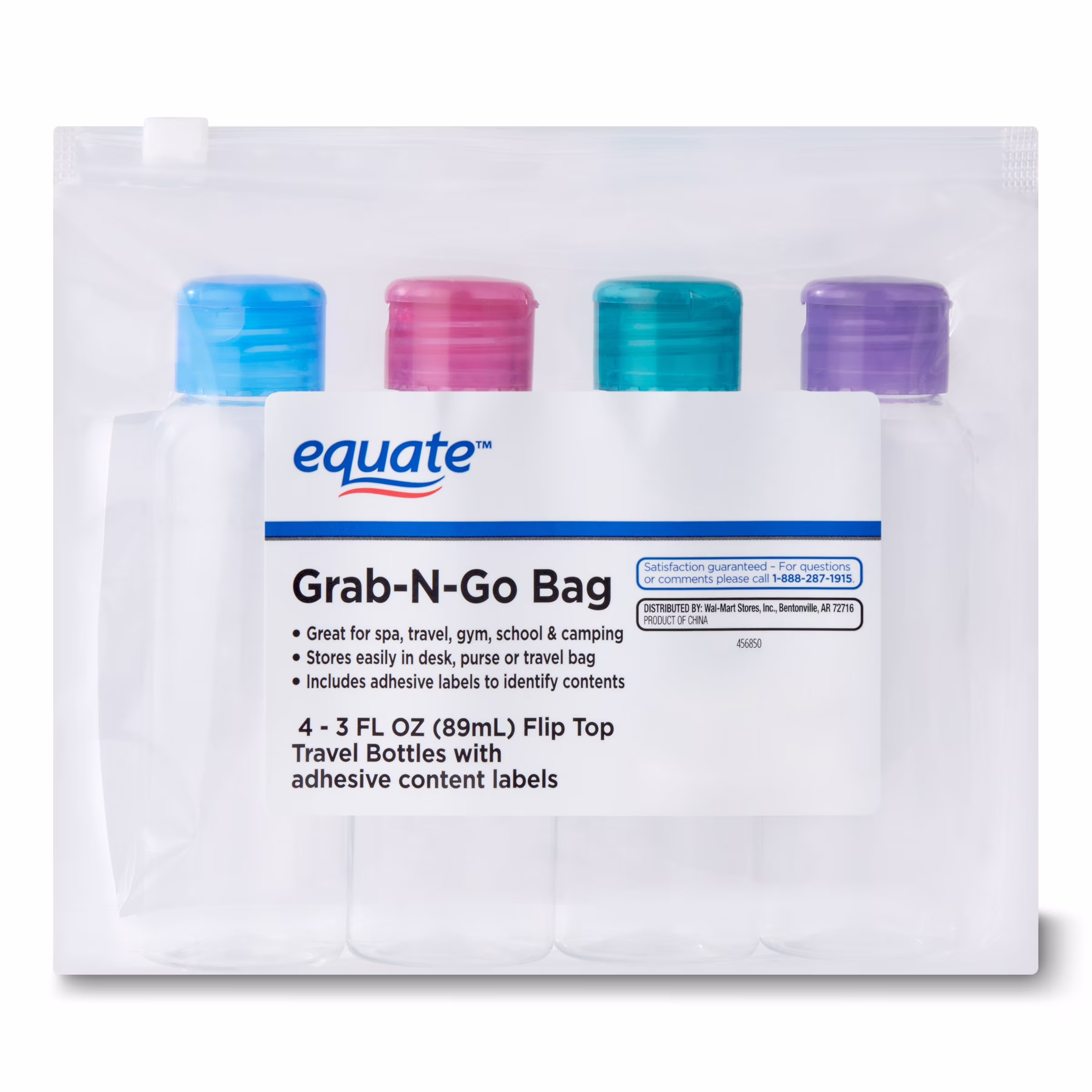 Equate Grab-N-Go Refillable Travel Bottles for Toiletries, Color May Vary, 3 fl oz, 4 Count