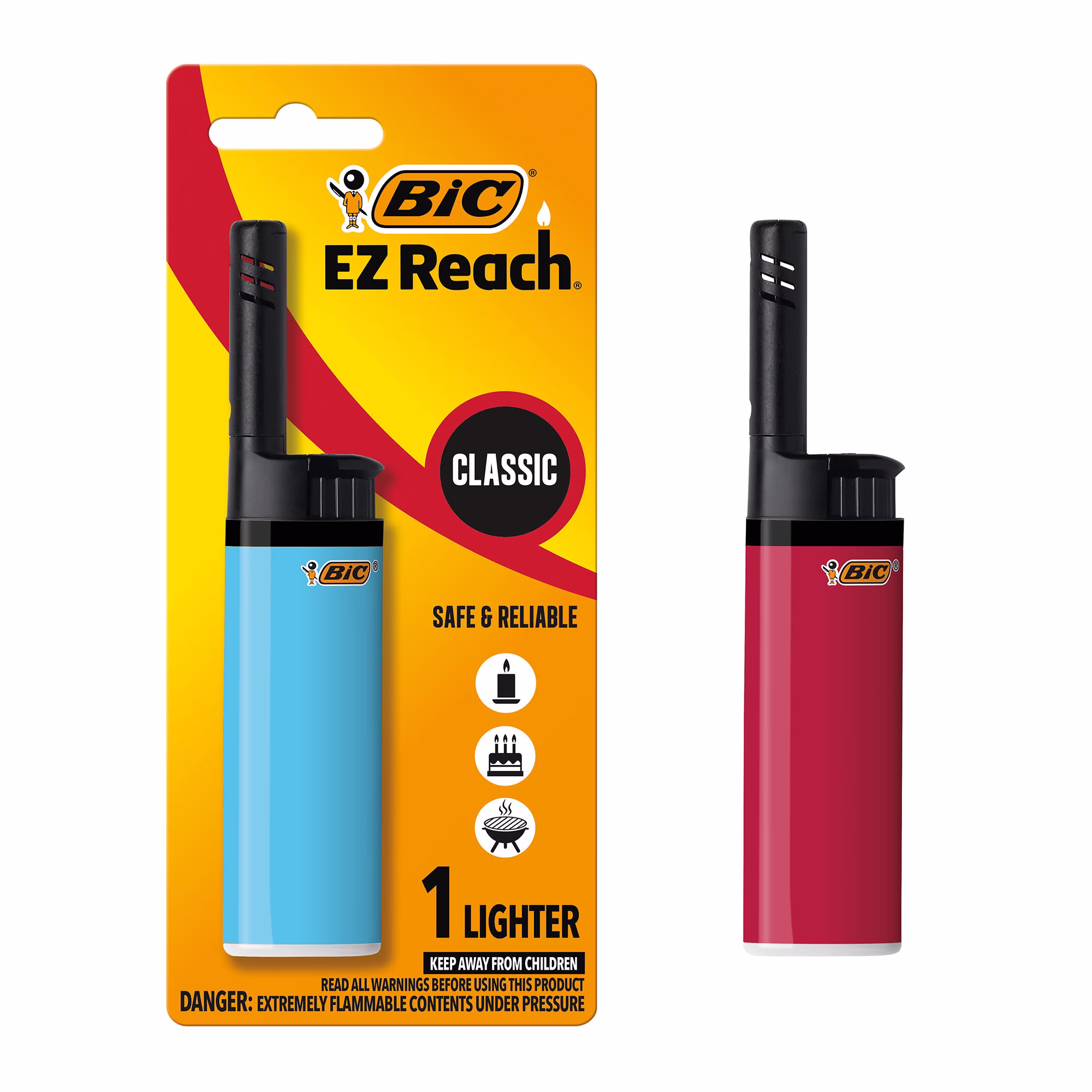 BIC EZ Reach Lighters Assorted Colors, Pack of 1, Child Resistant and Long-Lasting