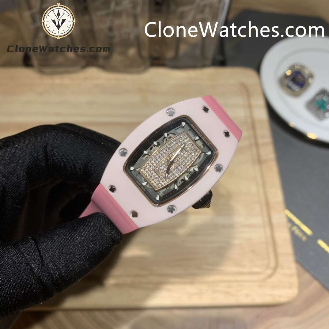 Richard Mille Super Clone Watches 1:1 RM 07 – 01 Pink Ceramic Diamond Dial Pink Strap