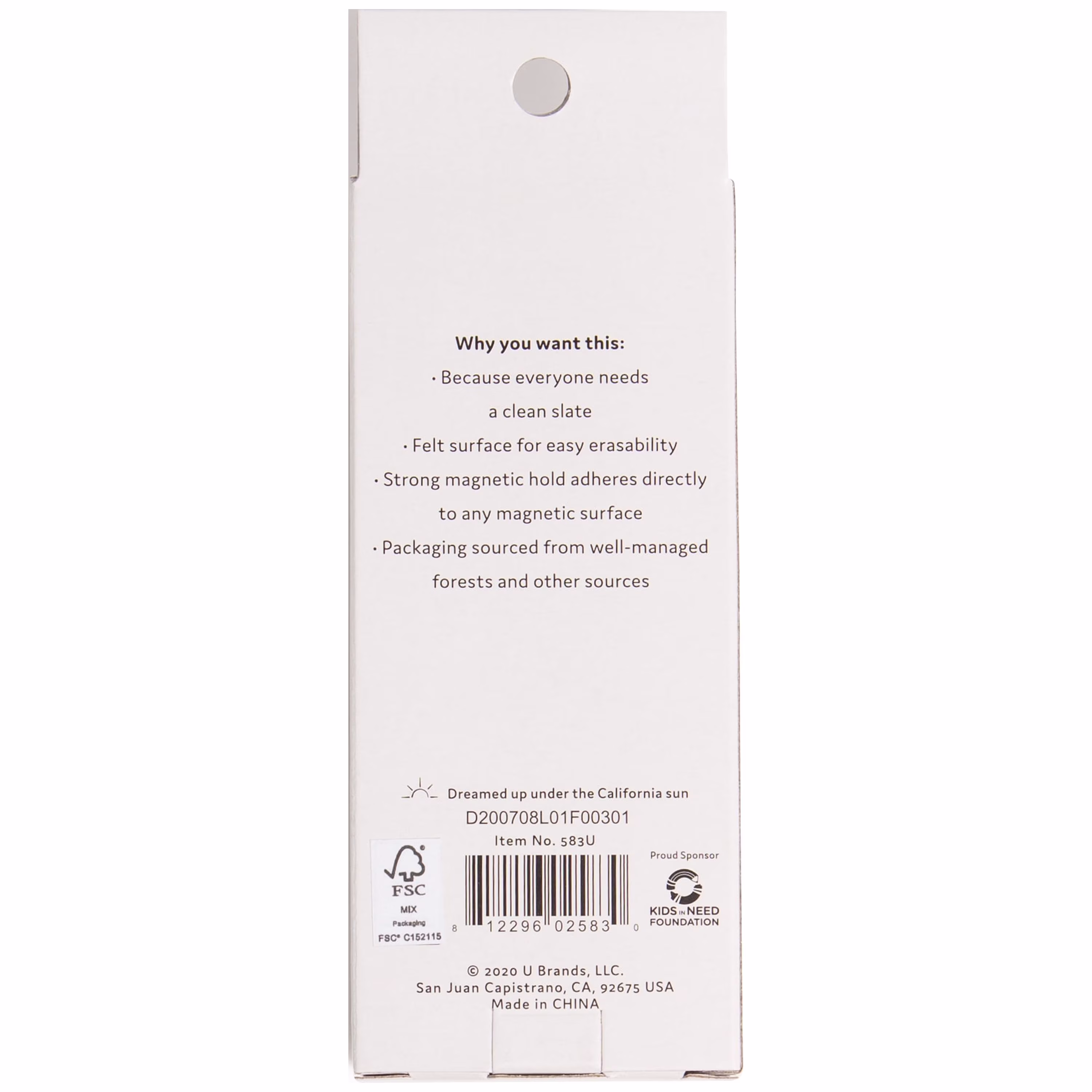 U Brands Side Magnetic Dry Erase Board Eraser with Thick Felt Bottom, 2 x 5 x 1 inches, White