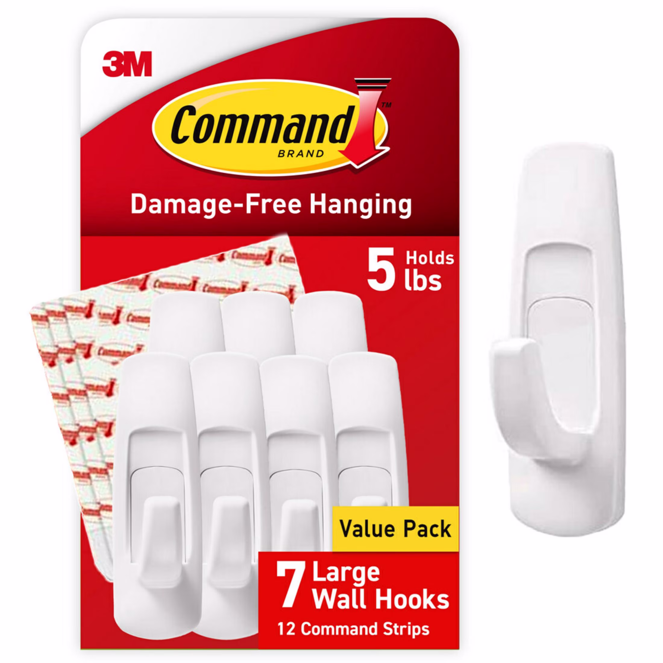 Command Large Utility Hooks, Holds 5 lb, White, 6 Hooks, 12 Pairs Adhesive Strips