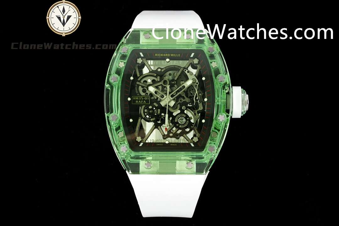 Richard Mille Super Clone Watches 1:1 RM 035 Green Crystal Tourbillon White Strap