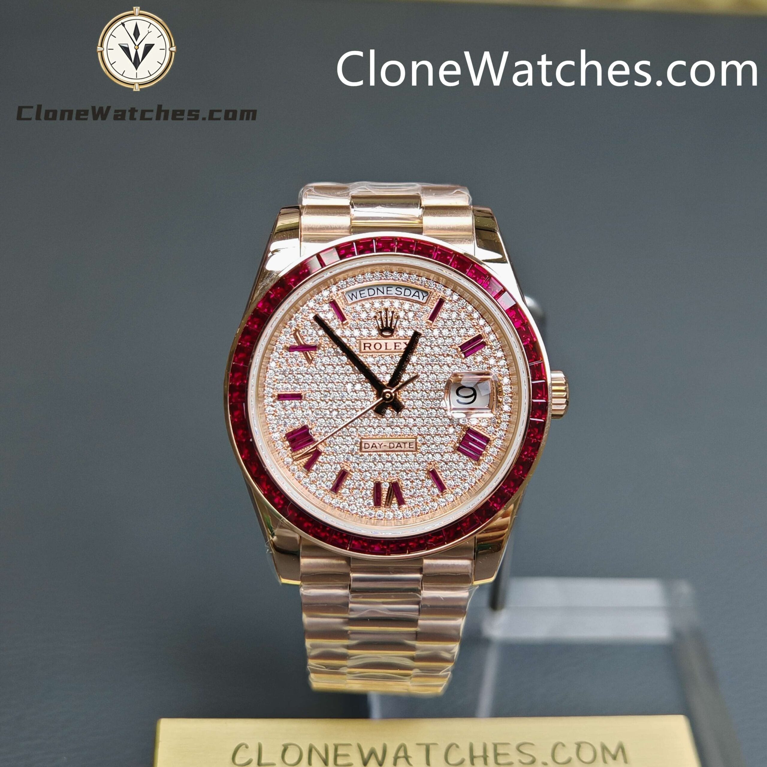 Modified Super Clone Watches 1:1 Rolex Rose Gold Day Date Rainbow Circle 3255 Movement
