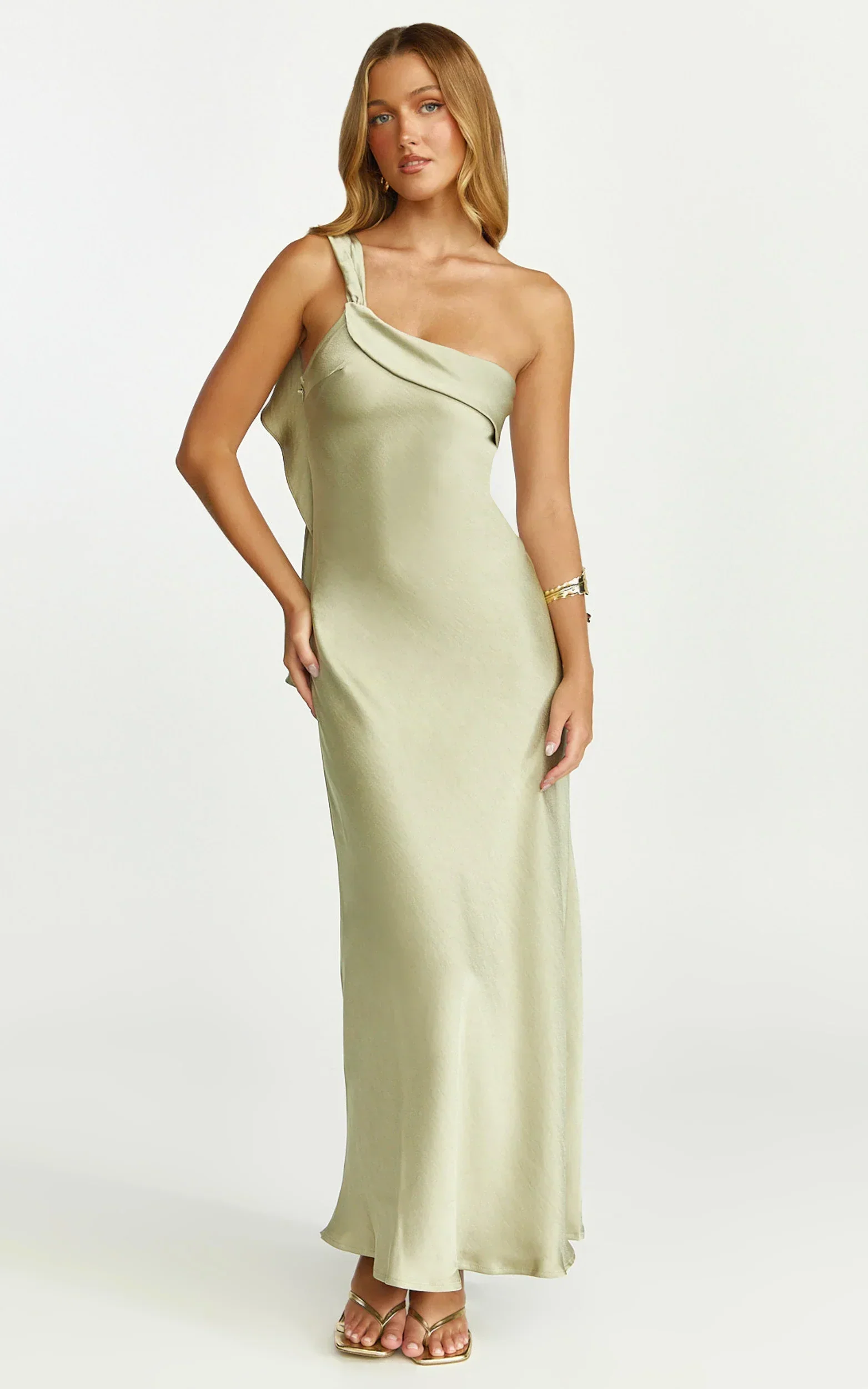 Calix Midi Dress - One Shoulder Slip Dress in Light Olive