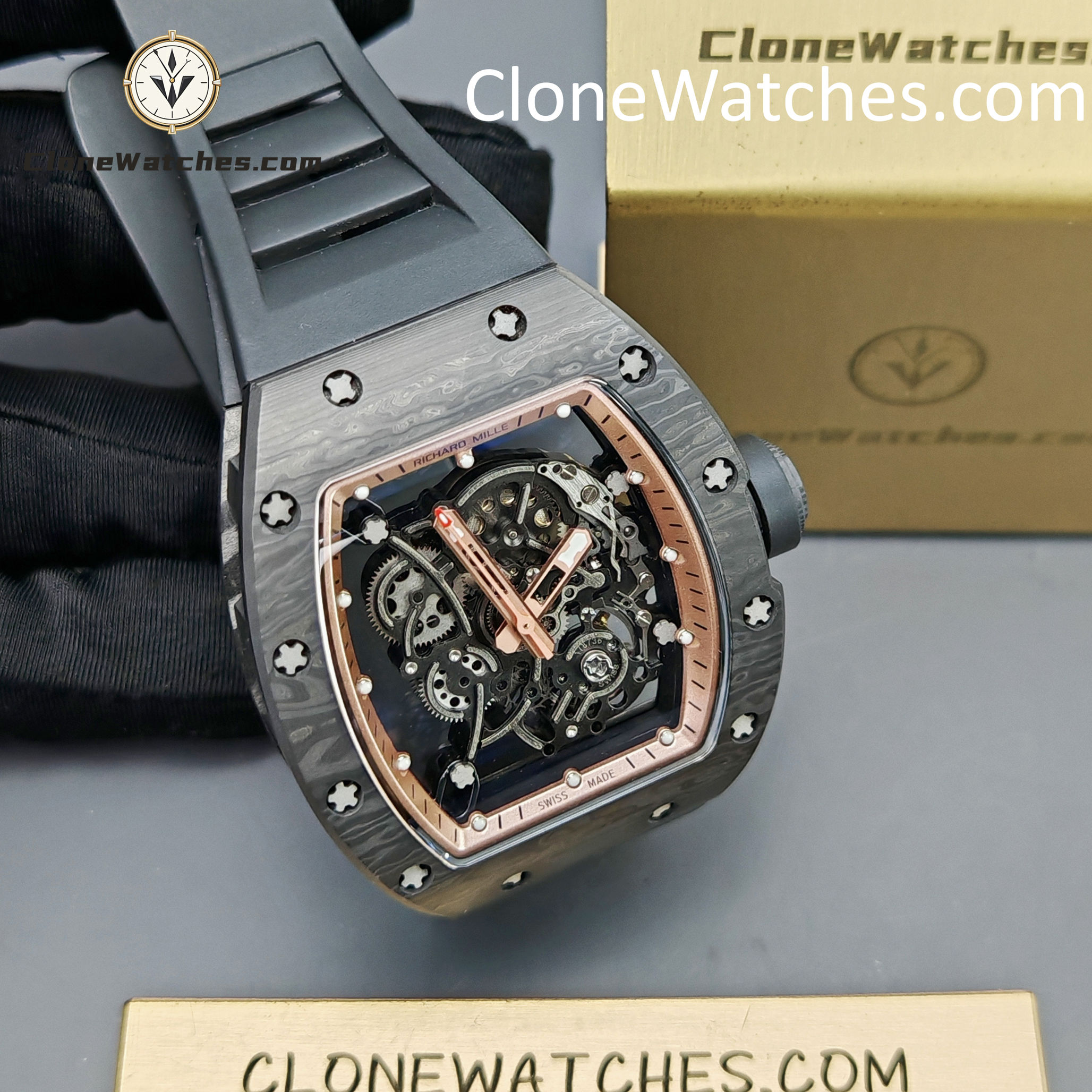 Richard Mille Super Clone Watches 1:1 RM 055 Carbon Tourbillon Black Strap