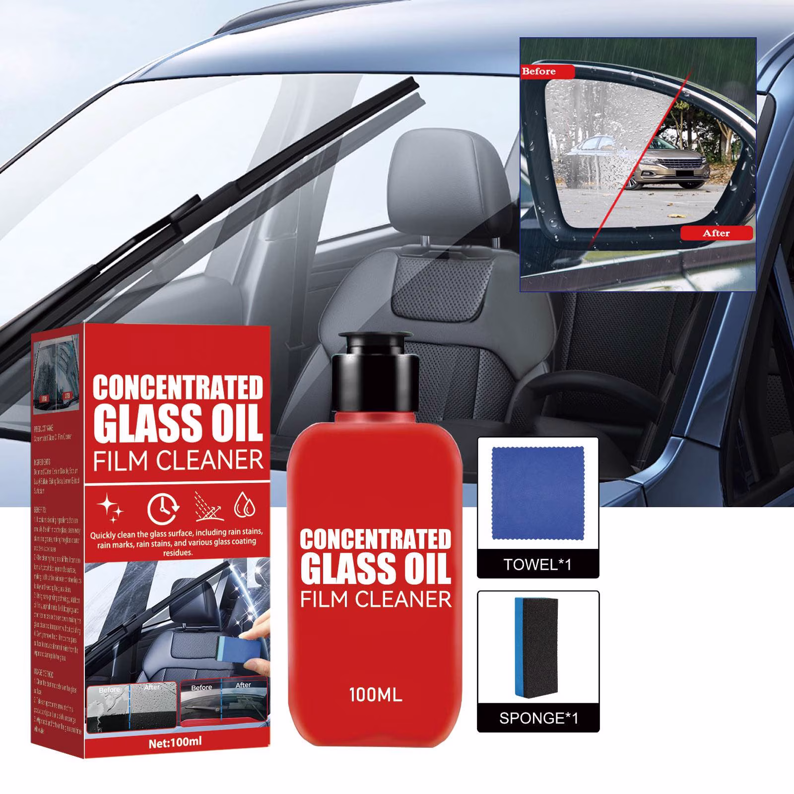 Jpxdew Concentrated Glass Oil Film Cleaner 100ml,Windshield Water Spot Remover Non Damaging,Wiper Noise Solution 4.9×2.1×1.1in