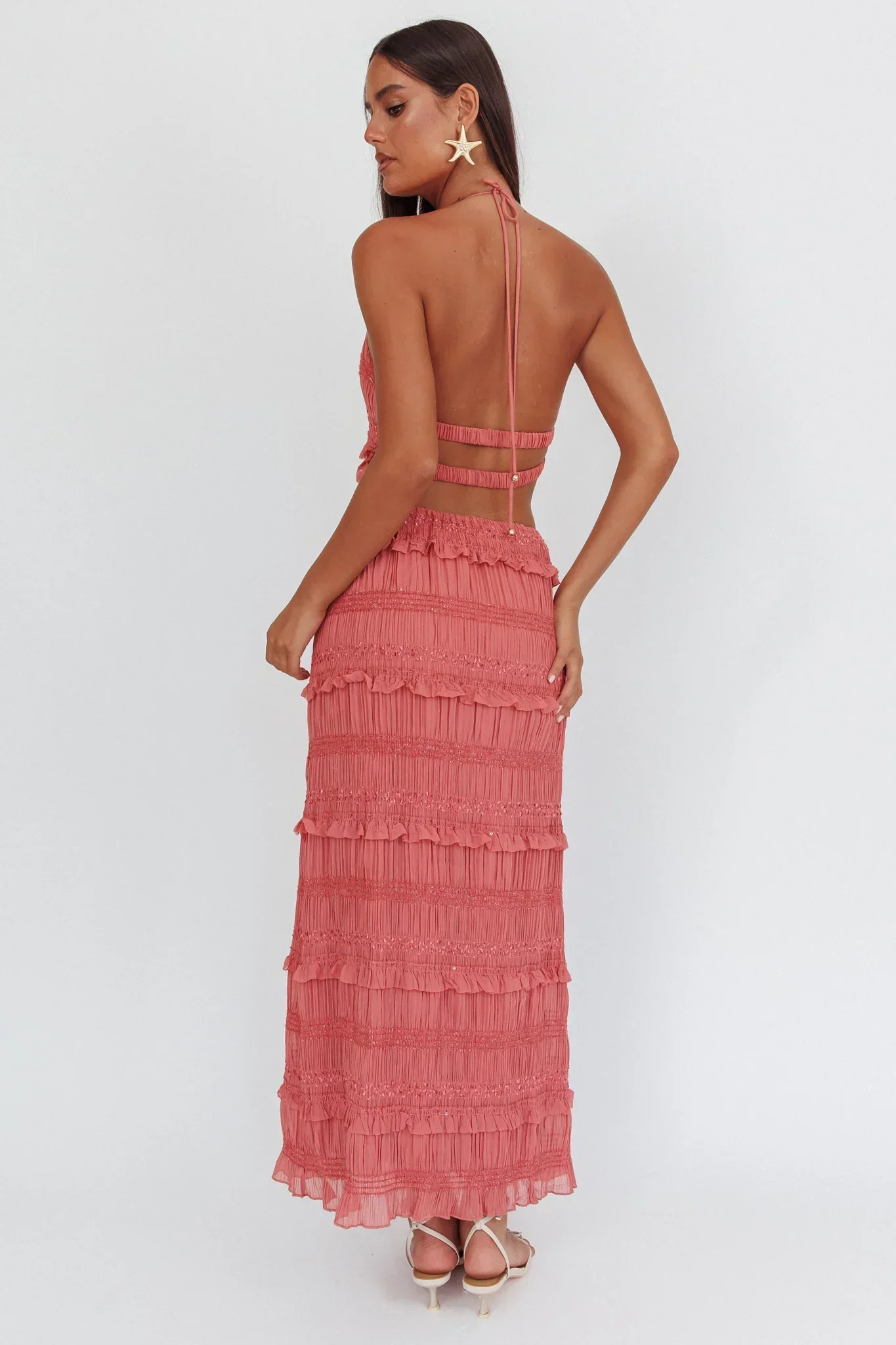 Helios Shirred Sequin Maxi Skirt Rose