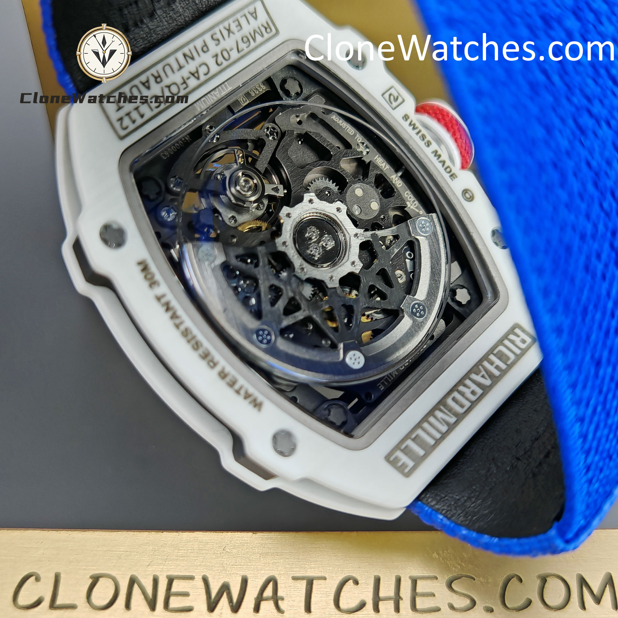 Richard Mille Super Clone Watches 1:1 RM 67 – 02 White Carbon Tourbillon Blue Strap