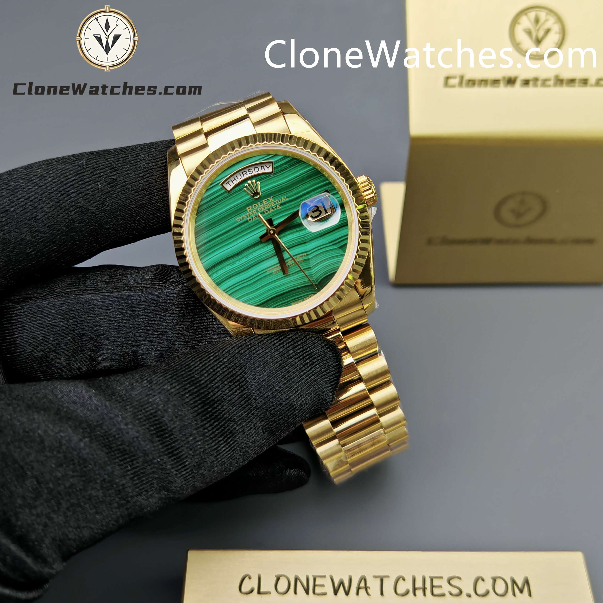 Rolex Super Clone Watches 1:1 Day Date Gold Malachite Dial 36mm 128238