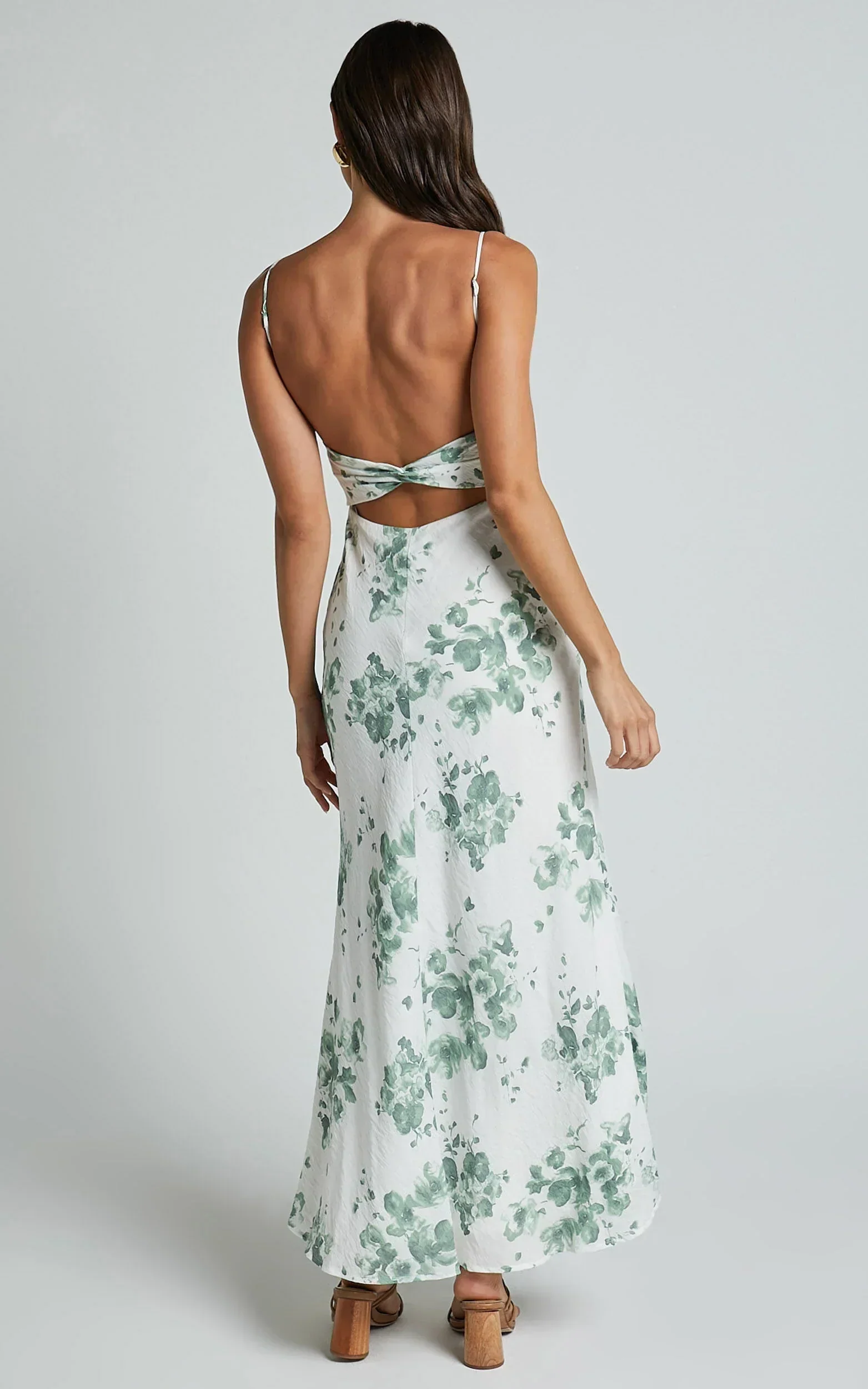 Bettina Midi Dress - Strappy Ruched Bust Slip Dress in Green and White Print