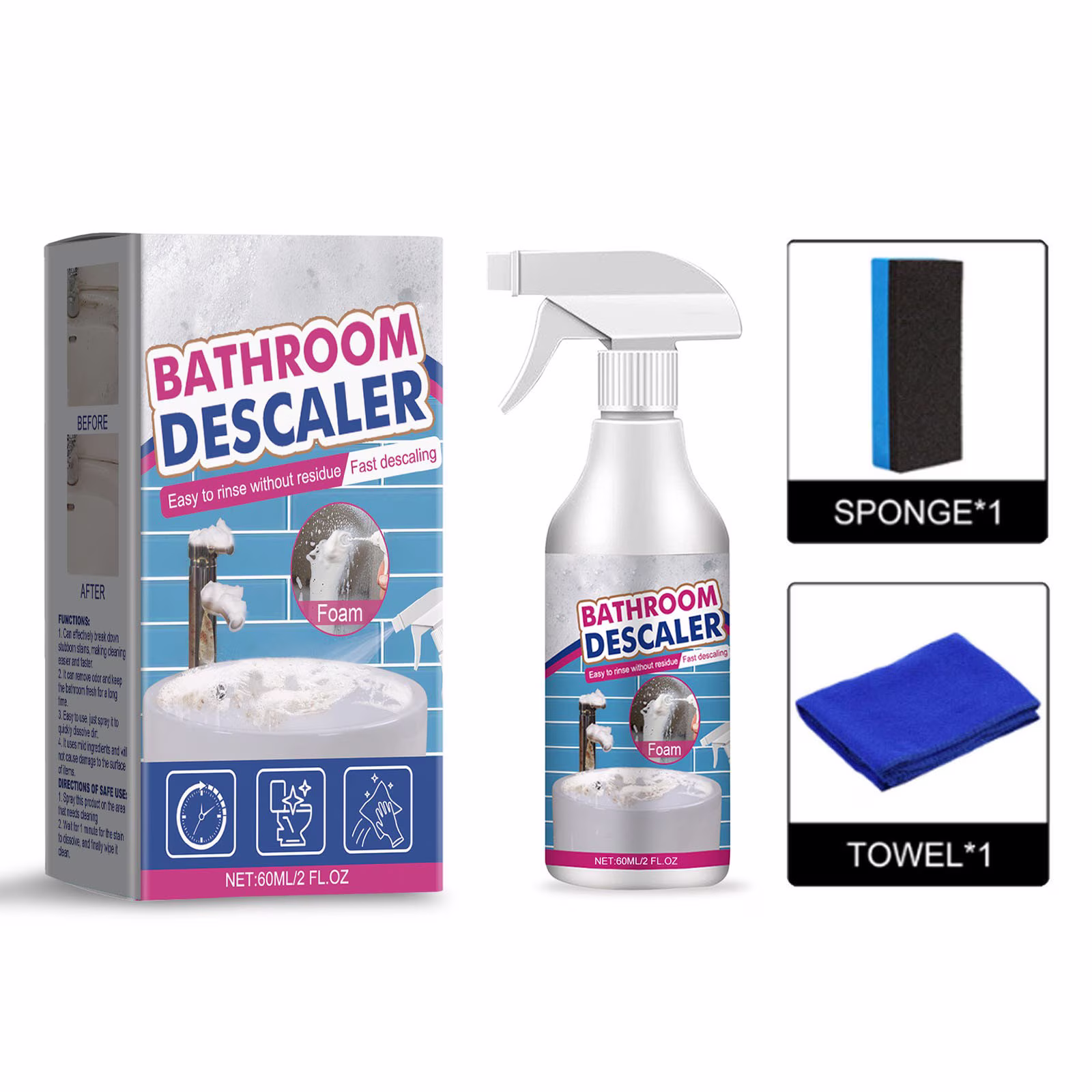 Instant Foaming Tub & Tile Cleaner - Fast-Acting Descaler Liquid for Hard Water Stains & Soap Scum | Eco-Friendly Bathroom Cleaning Kit