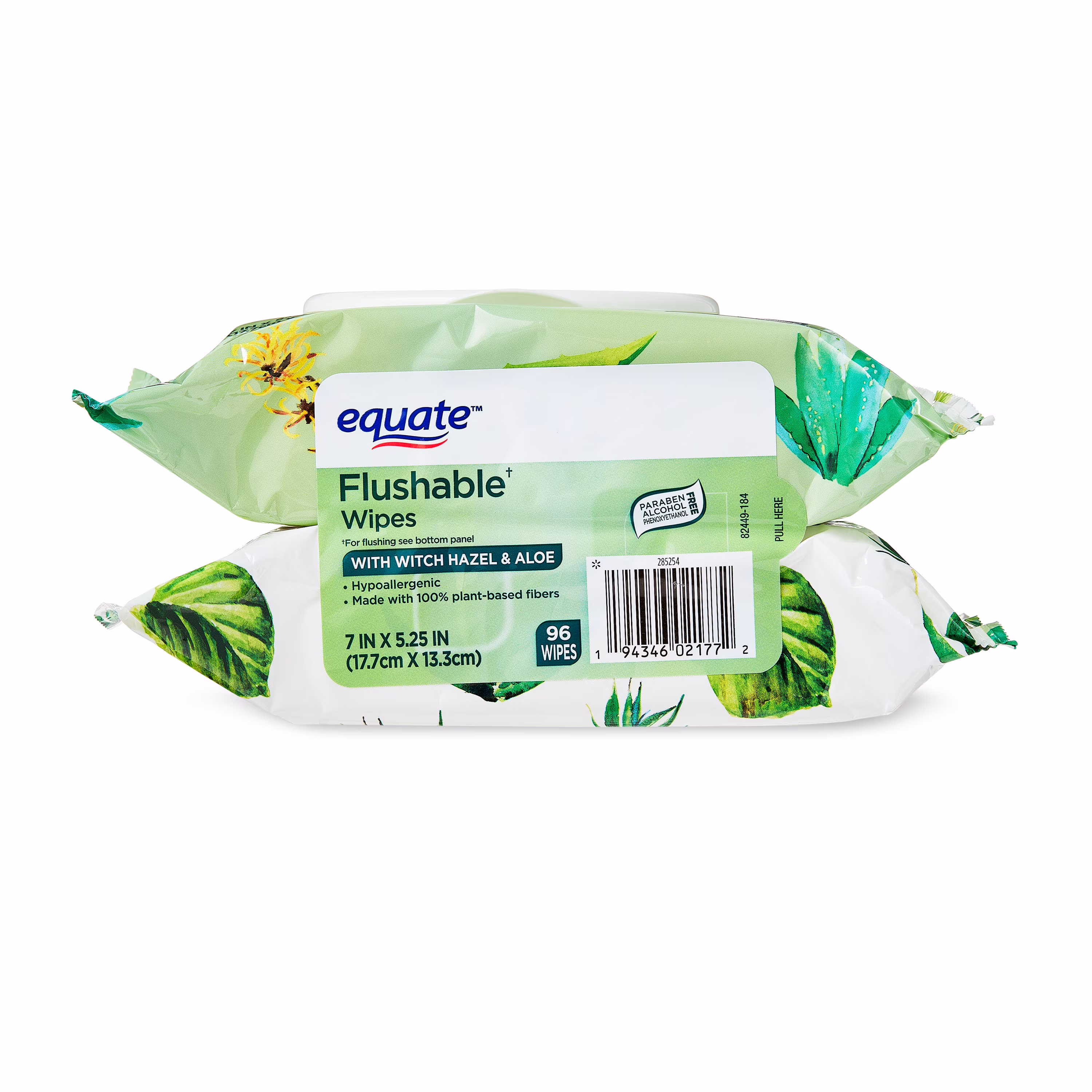 Equate Flushable Wet Wipes, Witch Hazel & Aloe, 96 Wipes, 2 Pack