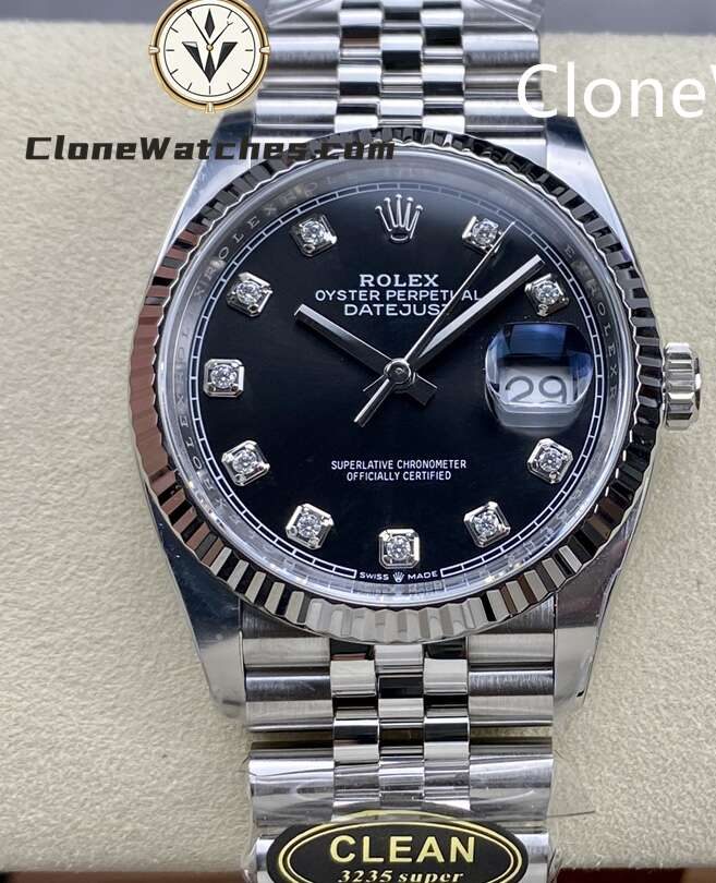 Rolex Super Clone Watches 1:1 DateJust Black Diamond Dial Jubilee 36MM M126234 – 0027 3235 Movement