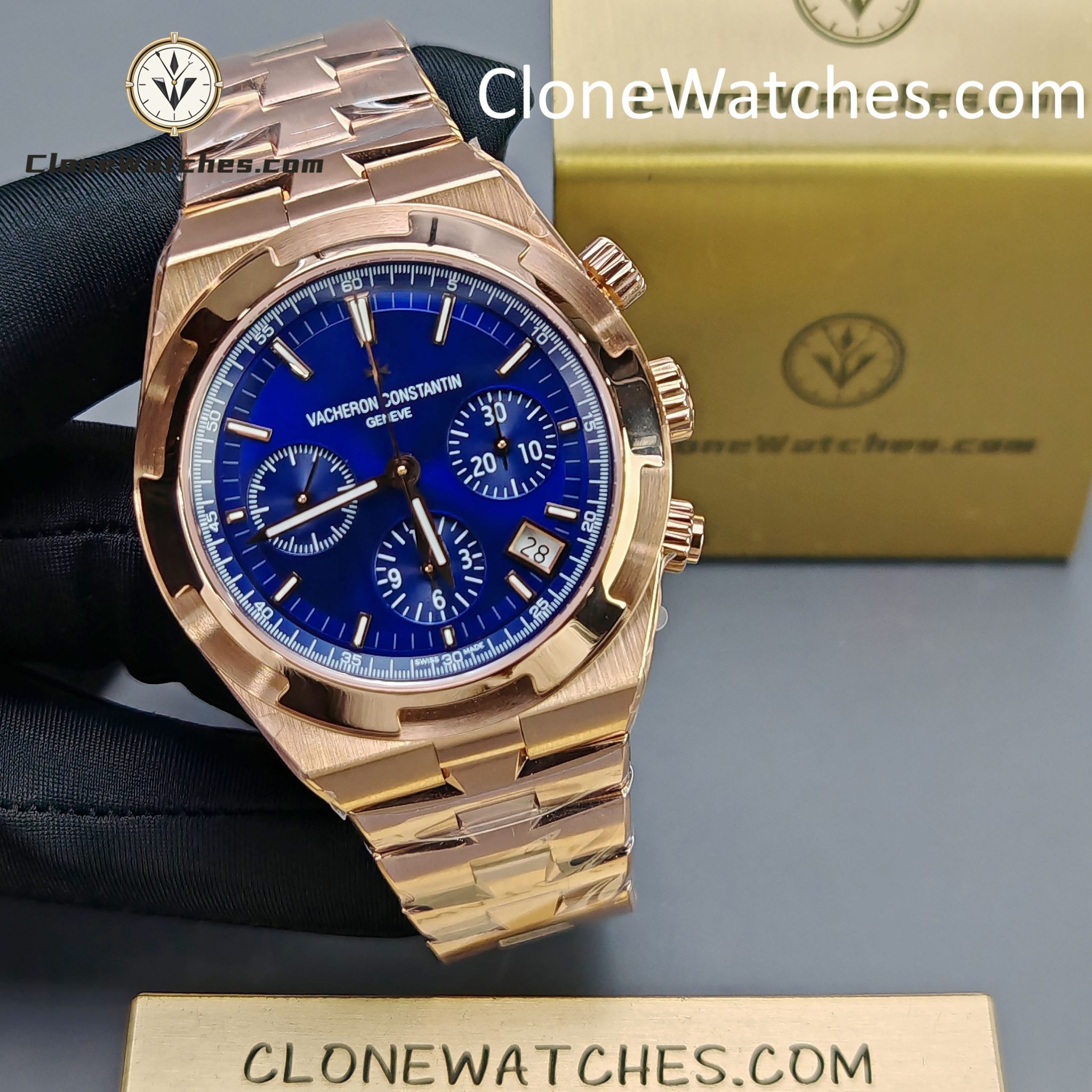 Vacheron Constantin Super Clone Watches 1:1 Overseas Chronograph Rose Gold 5500V/110R-B952 Blue Dial