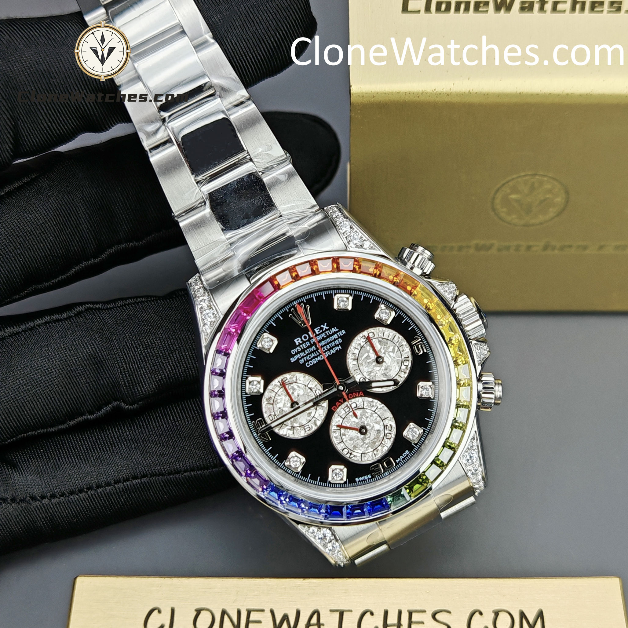 Rolex Super Clone Watches 1:1 Daytona 116599RBOW Rainbow Black Diamonds Dial 4130 Movement