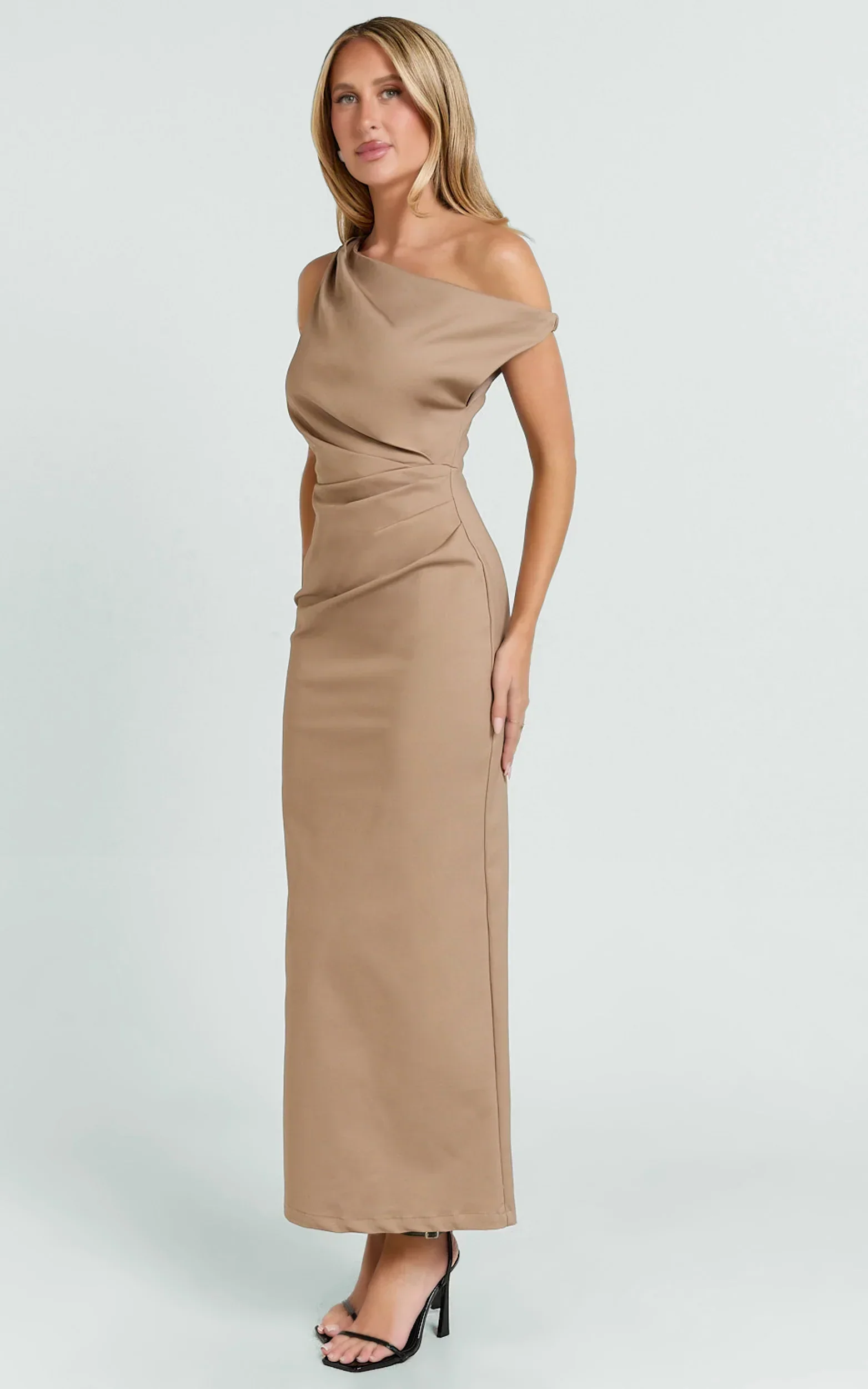 Alexandria Midi Dress - Tip Shoulder Draped Fitted Dress in Mocha
