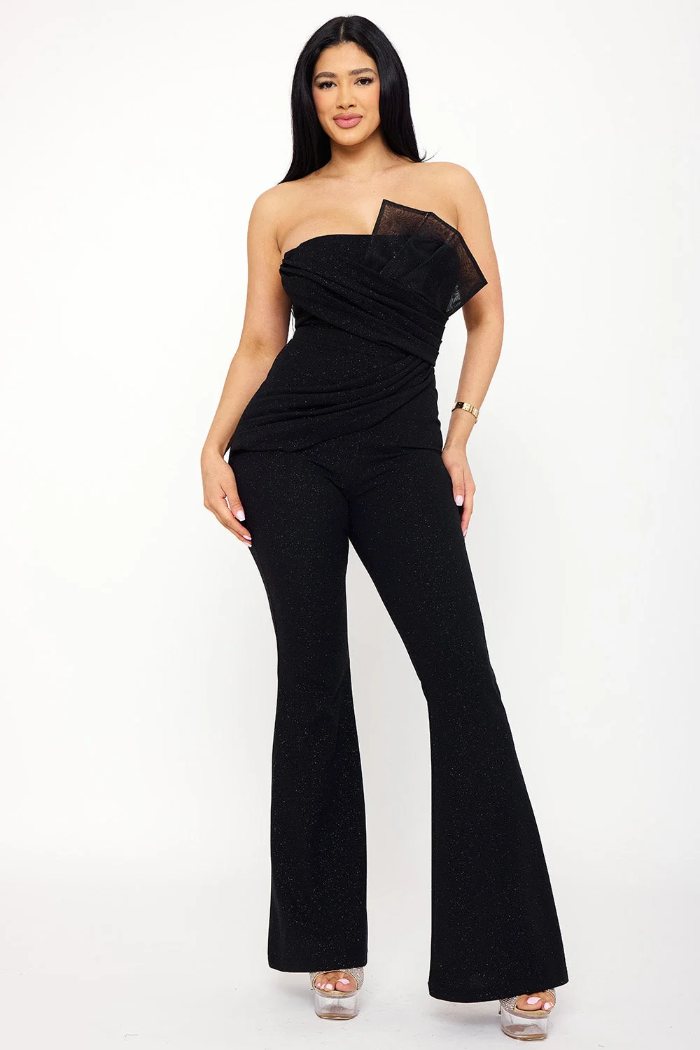 Symphony Jumpsuits - Glitter Tube Top With Mesh Panel Jumpsuit