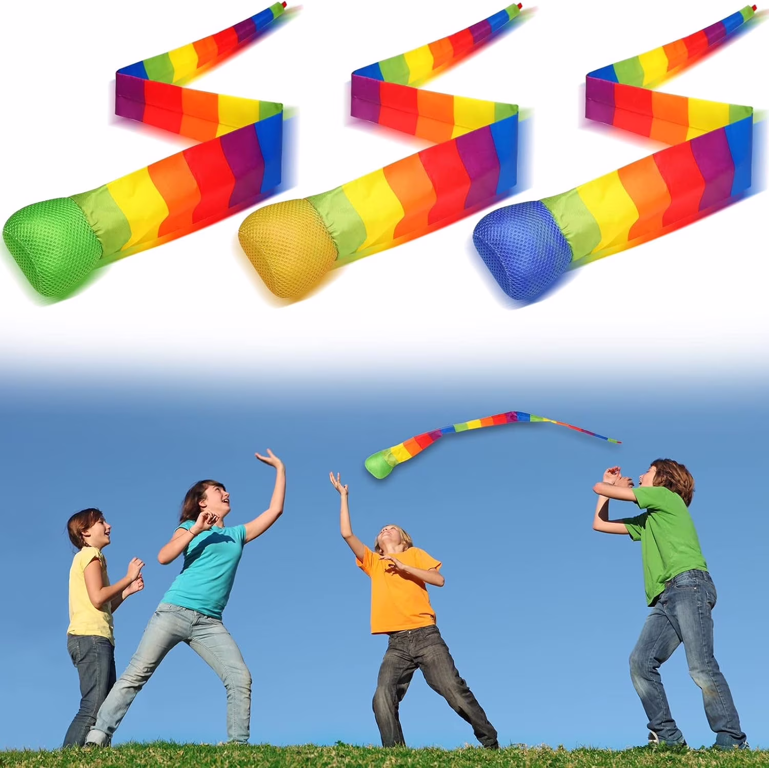 Aespoir Throw and Catch Balls with Rainbow Tail, Fun Colorful Sports Comet Balls Playground Toys for School Camping Outdoor Activities Healthy and Fun Games, 40 Inch Long