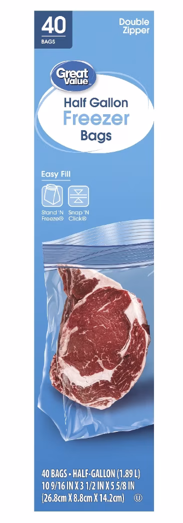 Great Value Double Zipper Half Gallon Freezer Bag, 40 Count