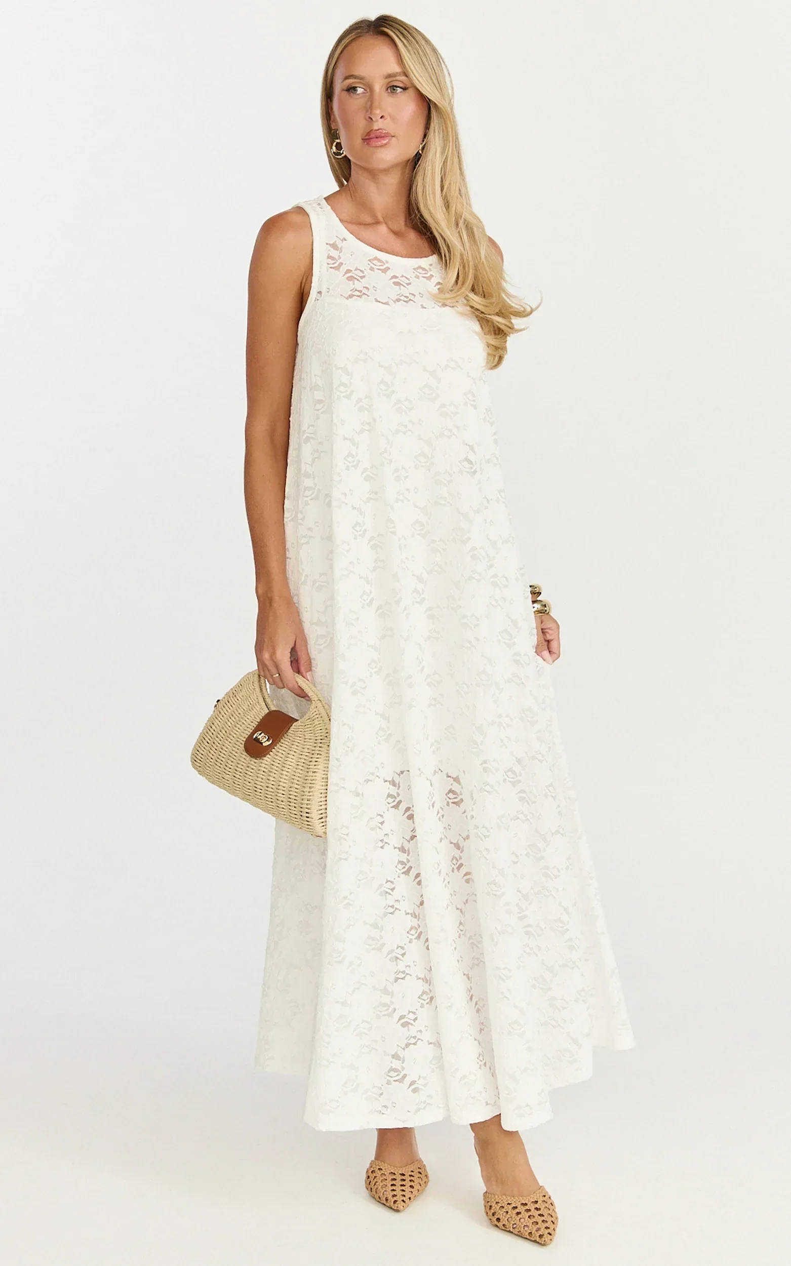 Bella Maxi Dress - Lace Shift Dress in Off White