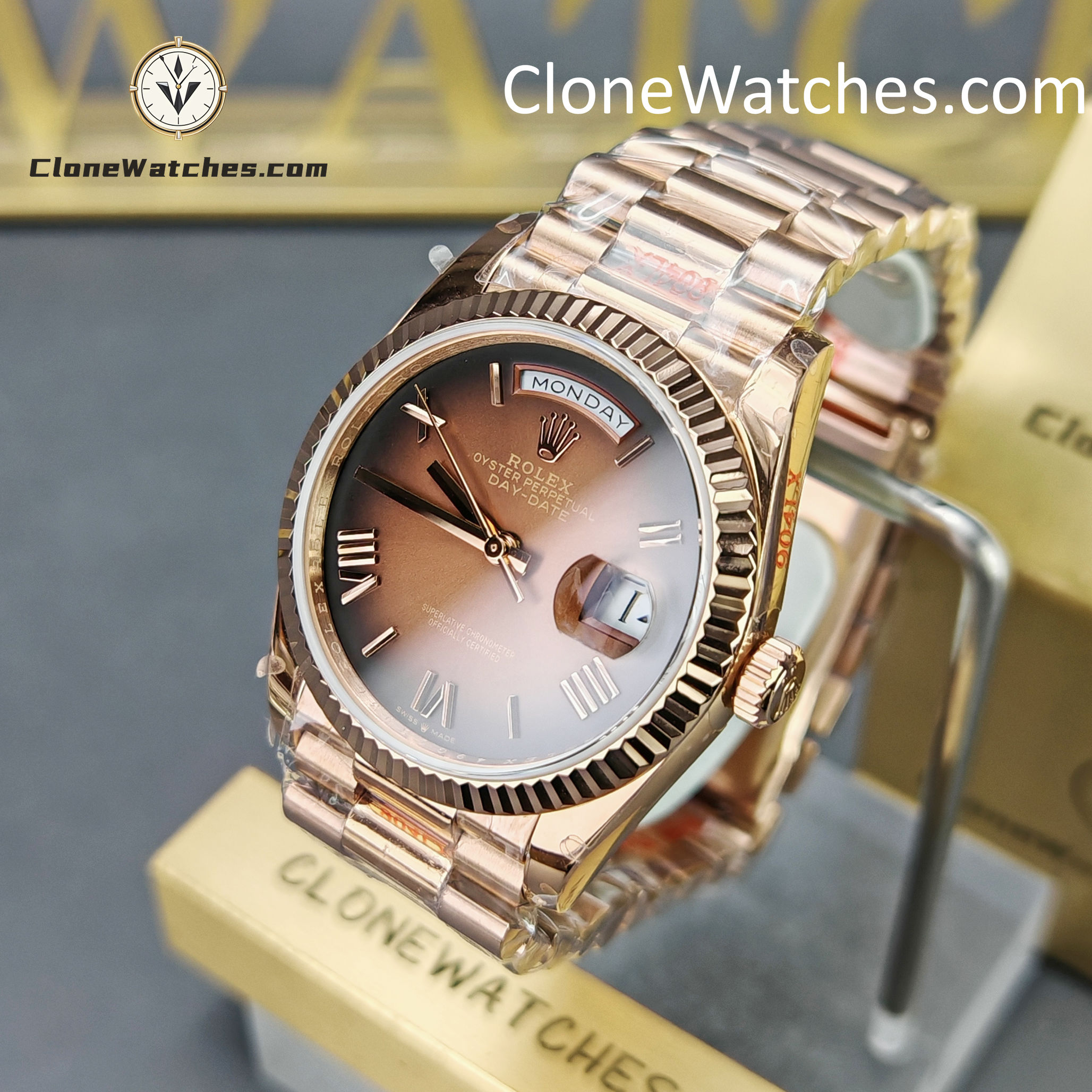 Rolex Super Clone Watches 1:1 Day Date Rose Gold Brown Roman Dial 36mm m128235-0075 3255 Movement