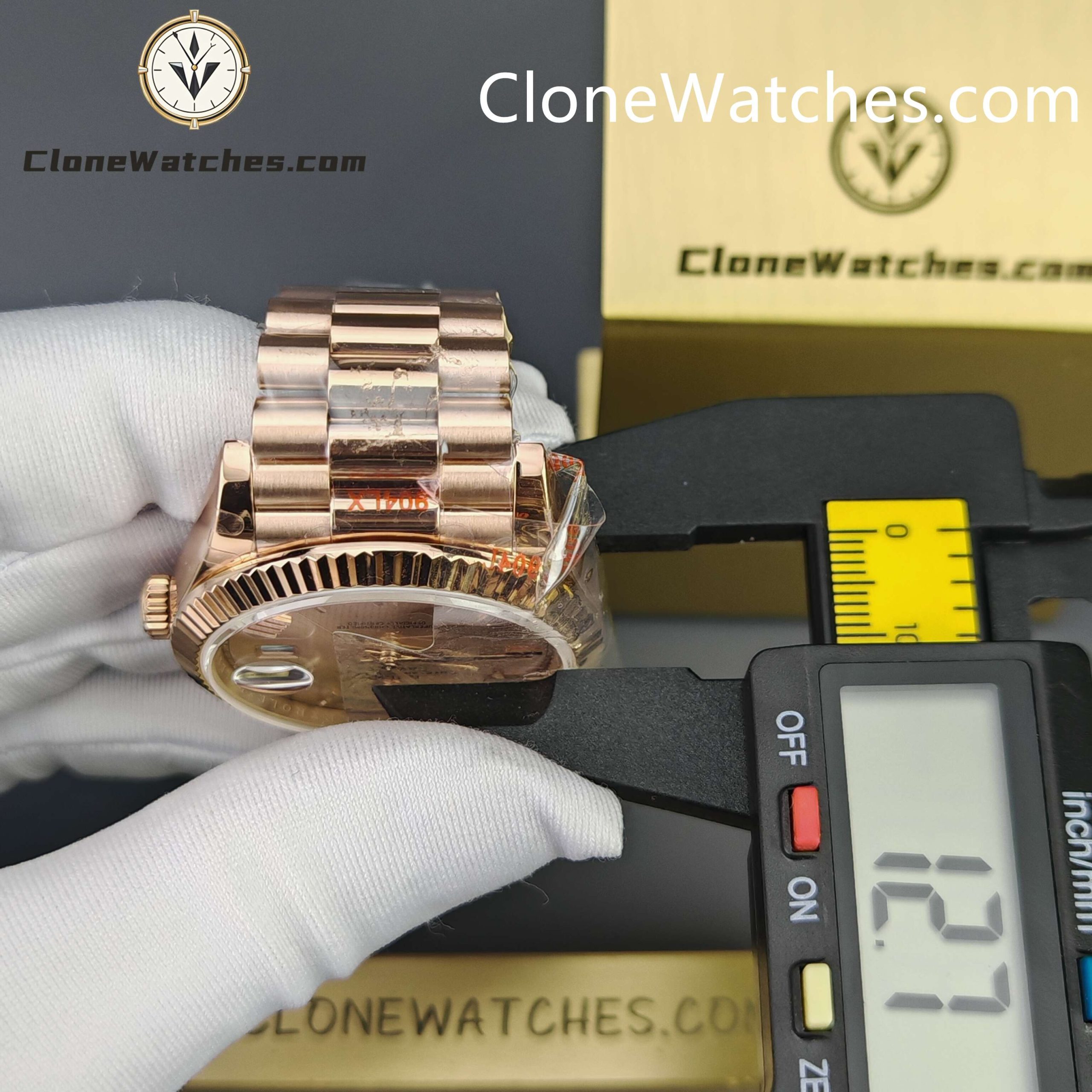 Rolex Super Clone Watches 1:1 Day Date 18K Rose Gold Sundust Roman Dial 40mm m228235 3255 Movement