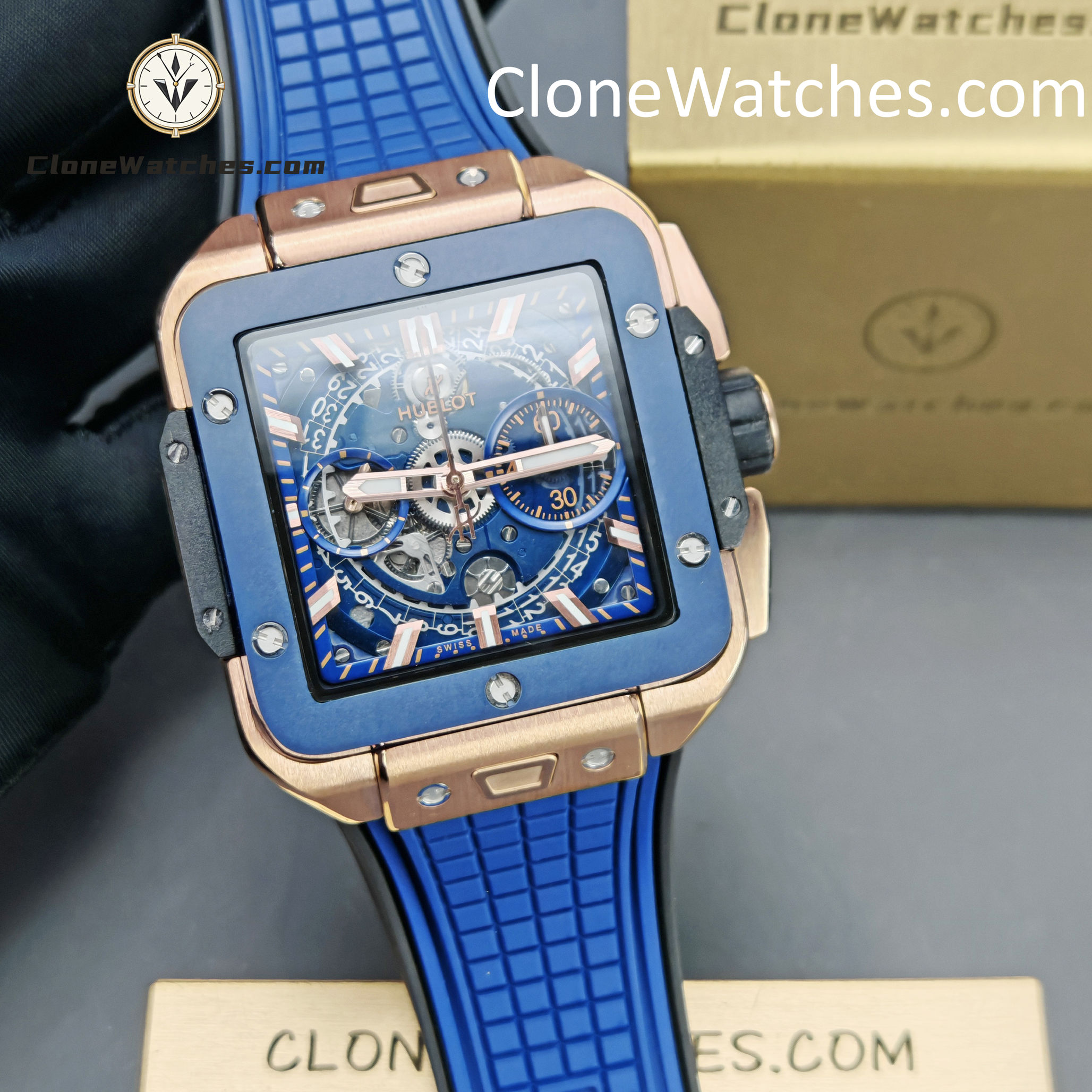 Hublot Super Clone Watches 1:1 Square Bang Unico King Gold Blue Ceramic 42MM 821.OL.5180.RX