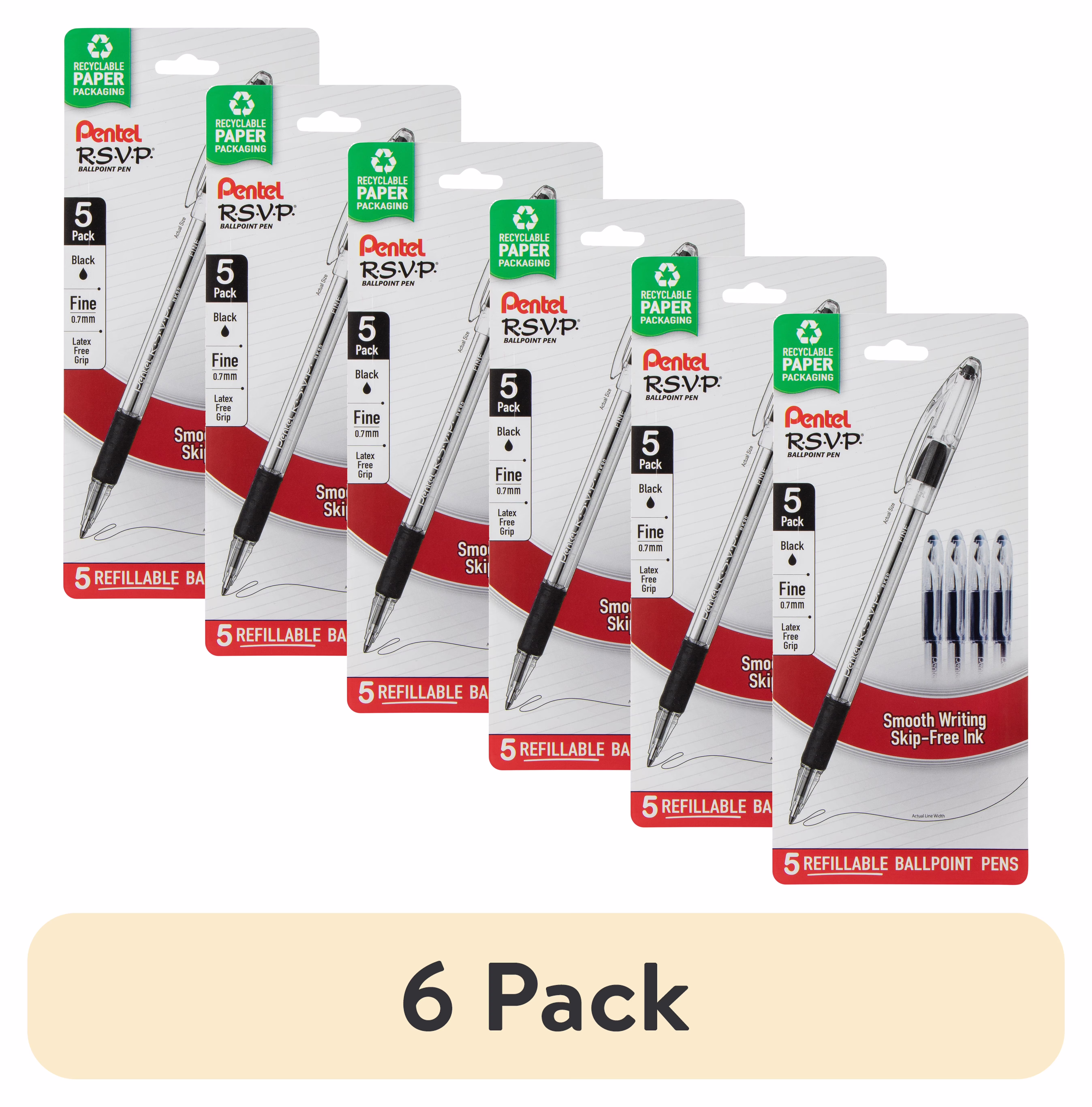 Pentel RSVP Ballpoint Pen, (0.7mm) Fine Line, Black Ink, 5 Pens Per Pack