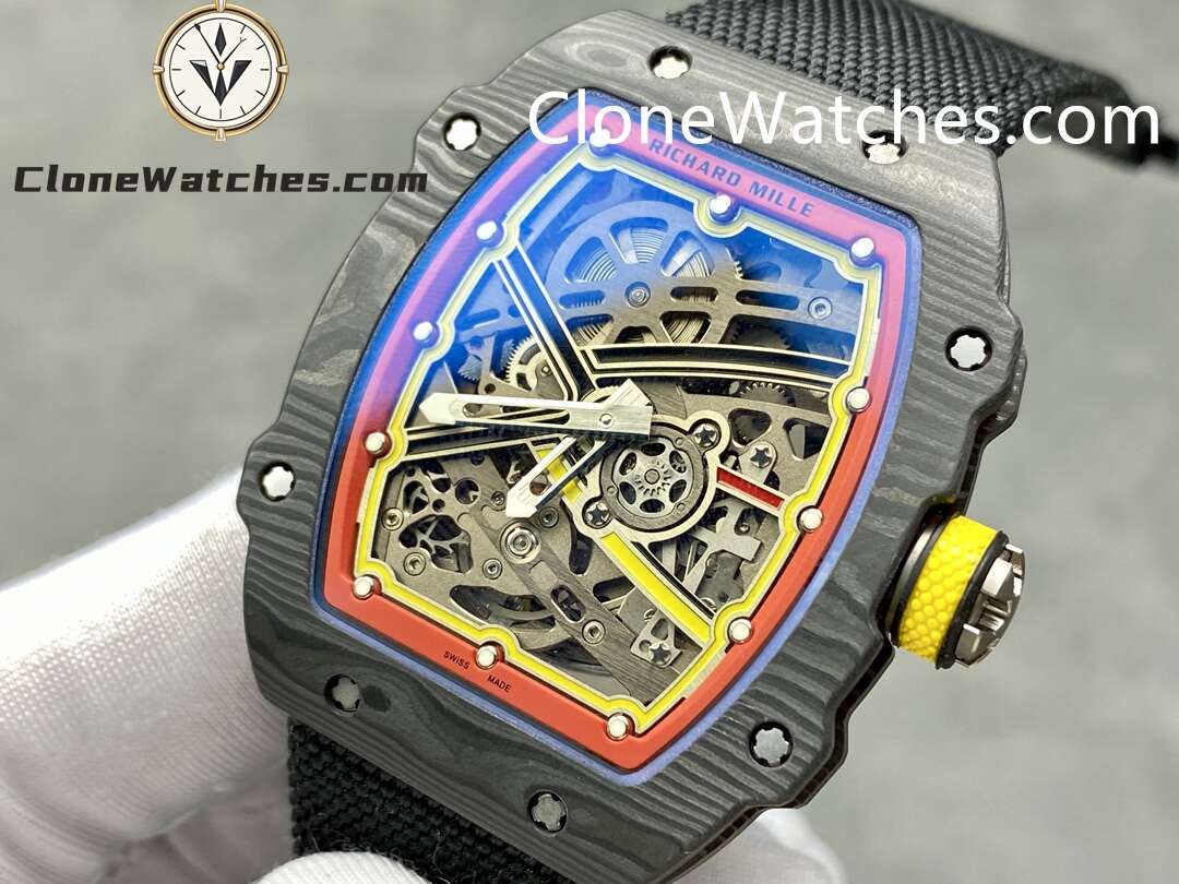 Richard Mille Super Clone Watches 1:1 RM 67 – 02 Carbon Tourbillon Red & Yellow Inner Bezel Black Strap