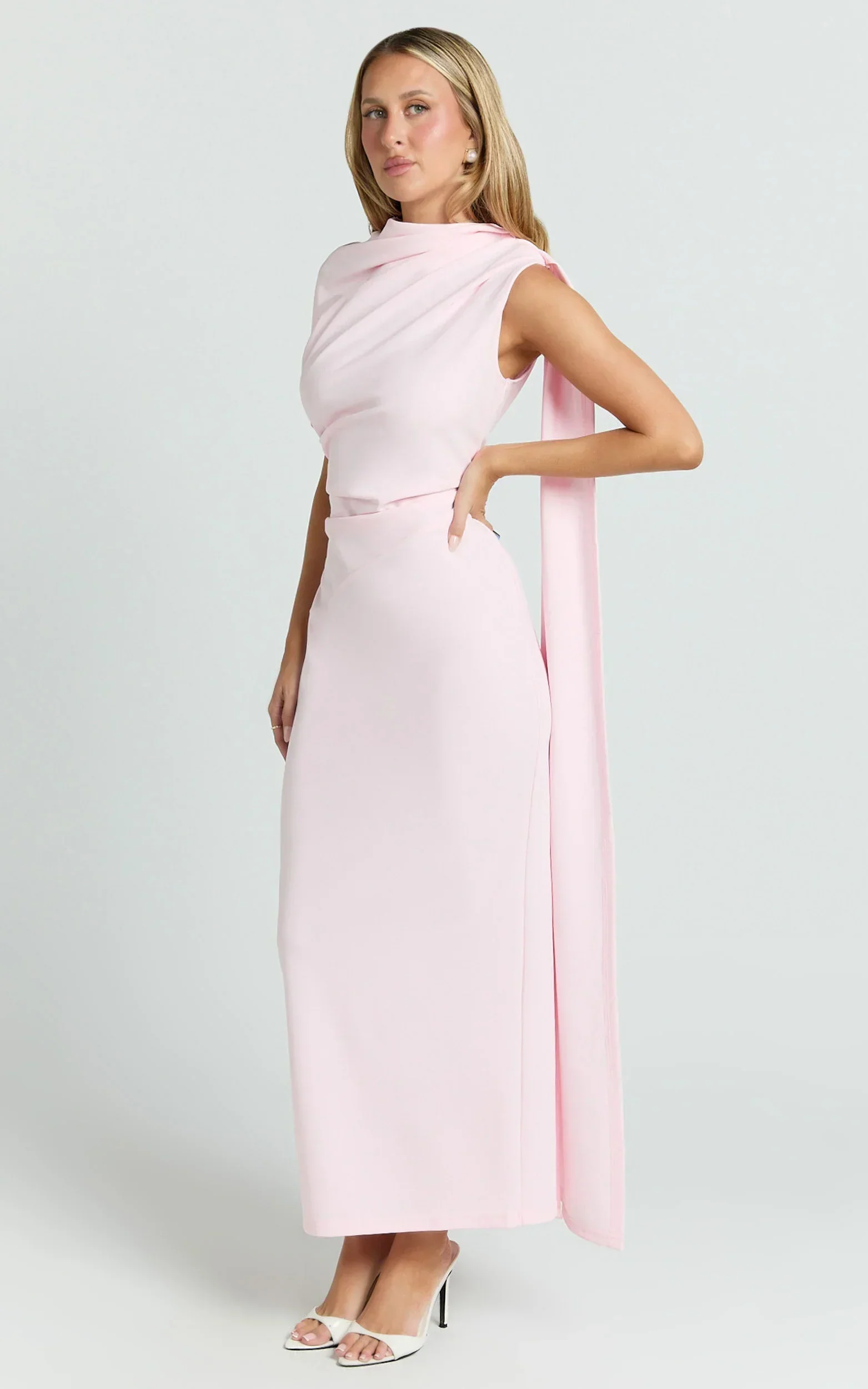 Visenta Midi Dress - Asymmetrical Sleeve Dress in Pink