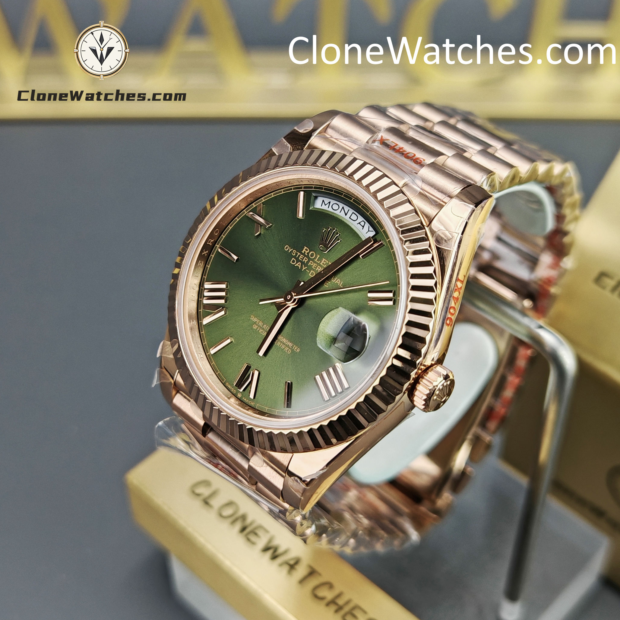 Rolex Super Clone Watches 1:1 Day Date 18K Rose Gold Olive Green Dial 40mm m228235-0025 3255 Movement