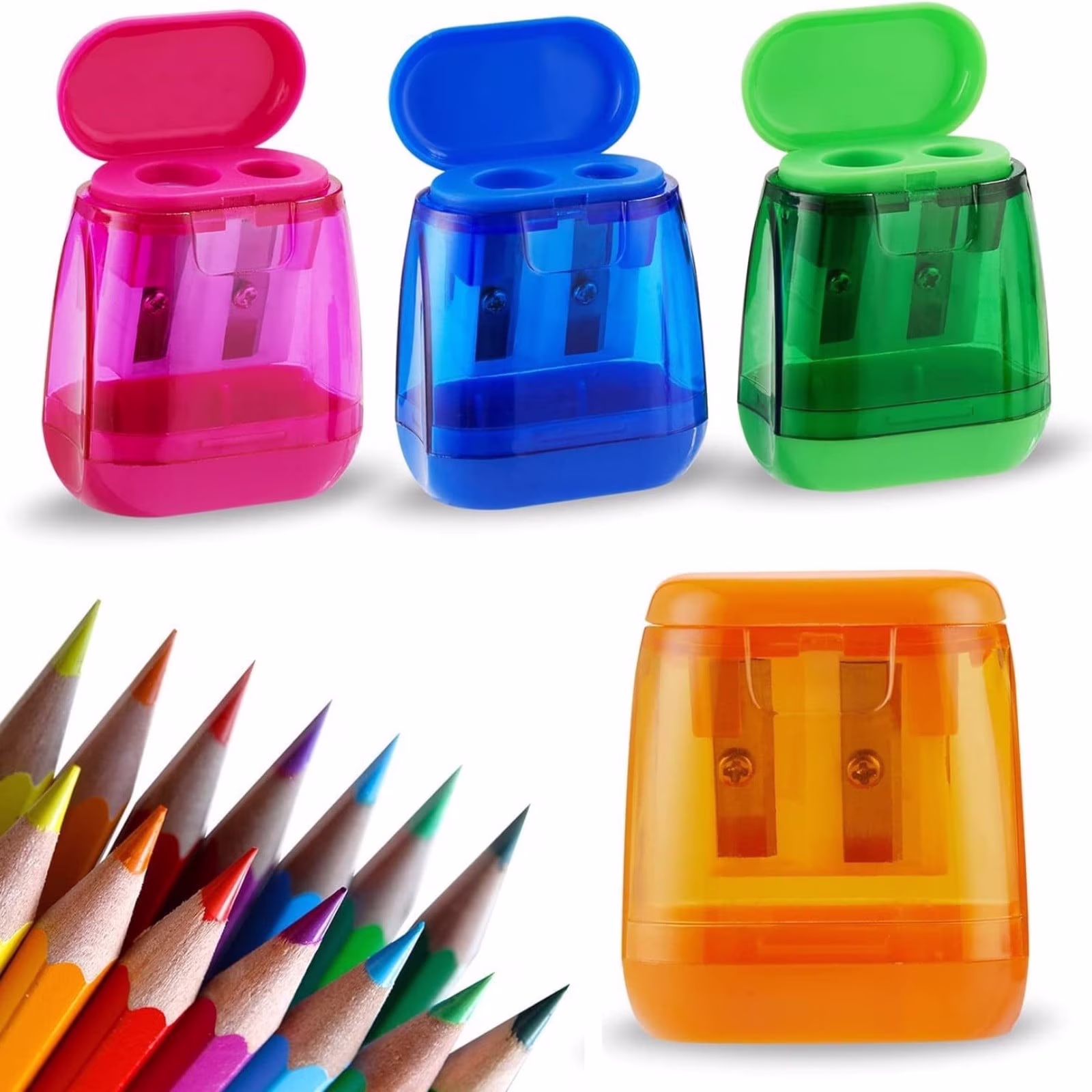 4 PCS Dual Hole Manual Pencil Sharpener with Lid – Oval Portable for Teens, Works with Standard & Colored Pencils, Back to Campus Supplies for Home Office & Classroom