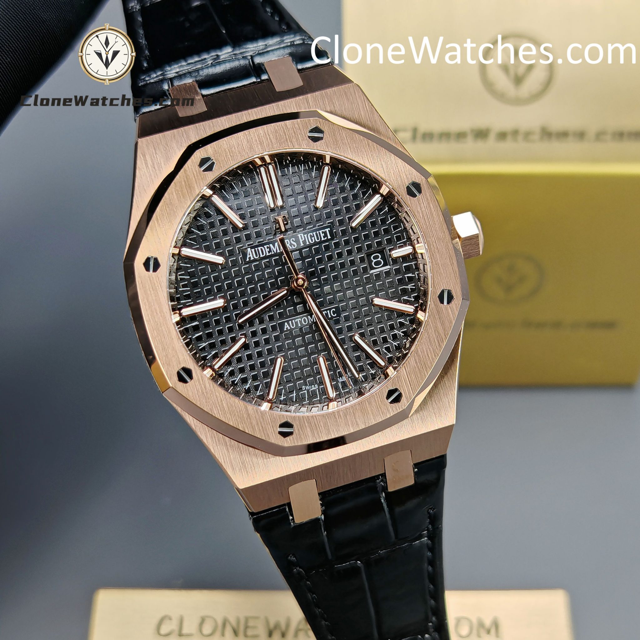Audemars Piguet Super Clone Watches 1:1 Royal Oak Rose Gold 15400 Black Dial Rubber Strap