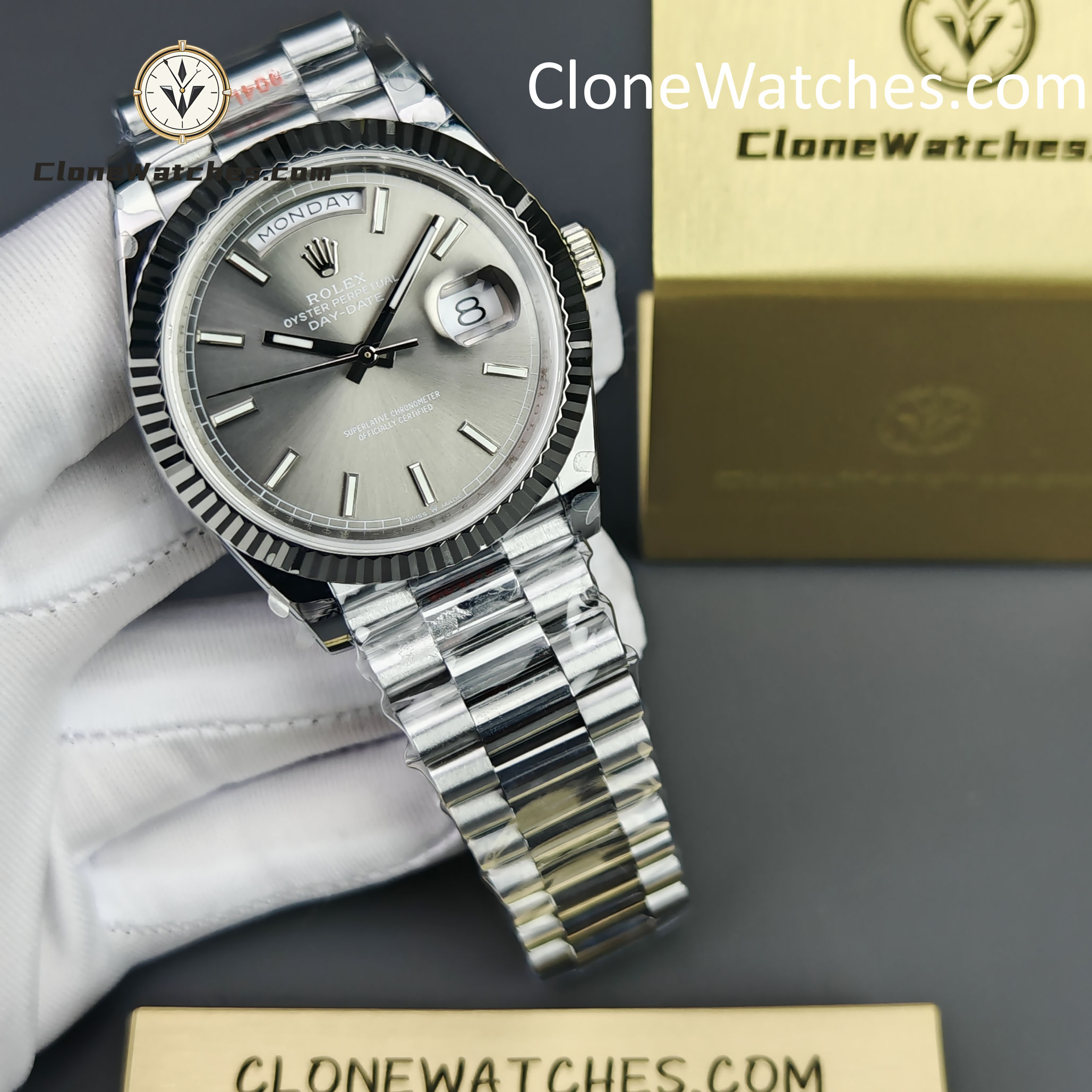 Rolex Super Clone Watches 1:1 Day Date Grey Dial 40mm m228239-0060 Presidential Bracelet
