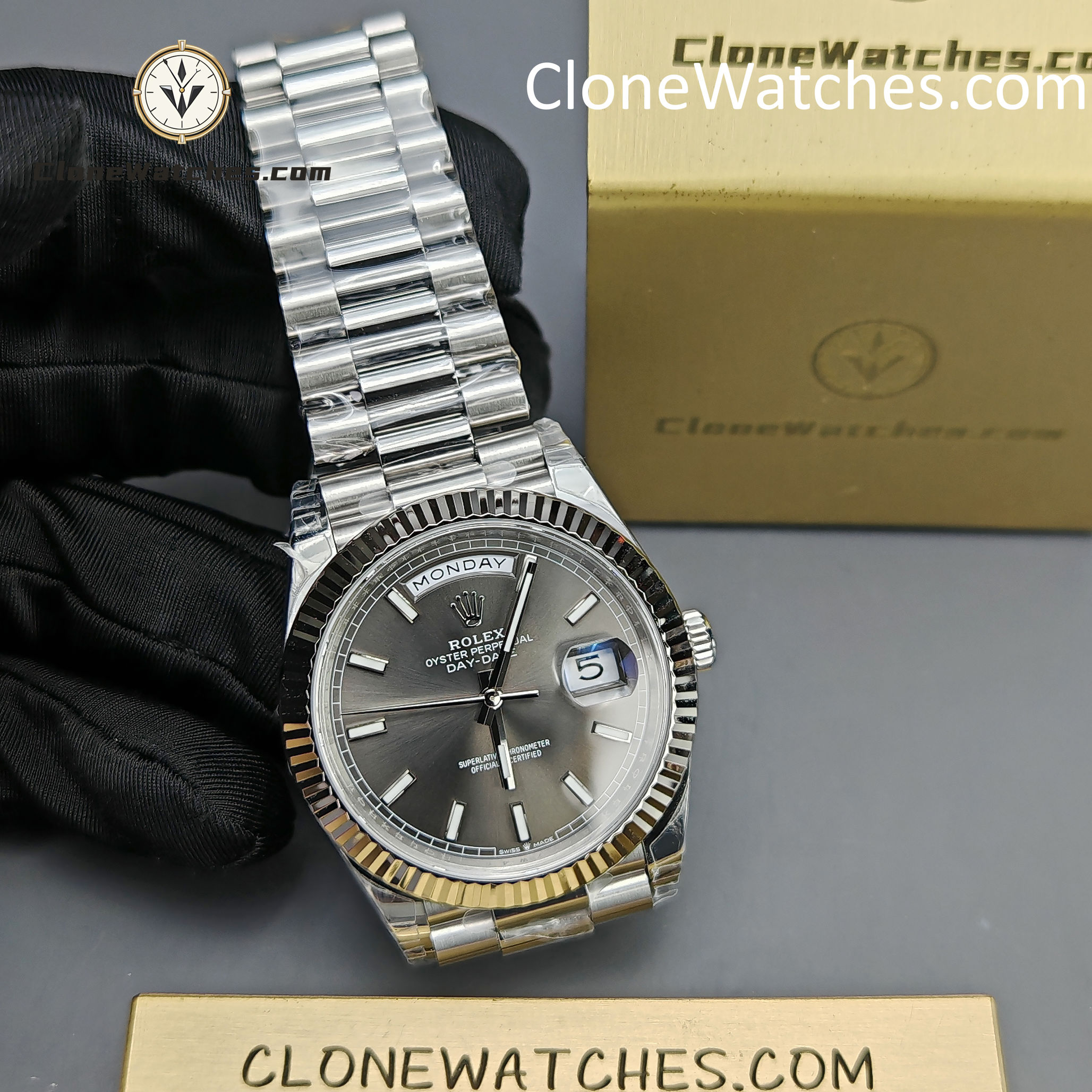 Rolex Super Clone Watches 1:1 Day Date Gray Dial 40mm m228239-0060 Presidential Bracelet VSF Version 3255 Movement