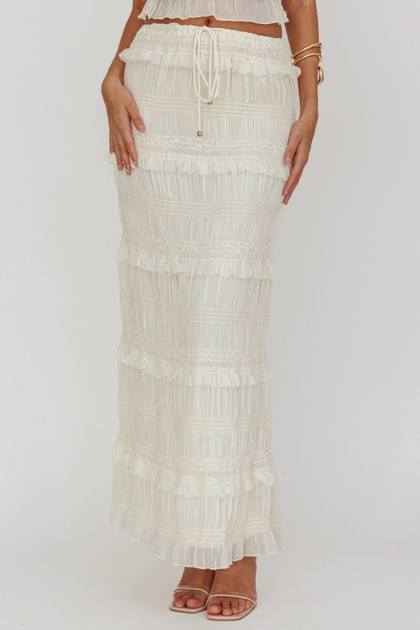 Helios Shirred Sequin Maxi Skirt Beige