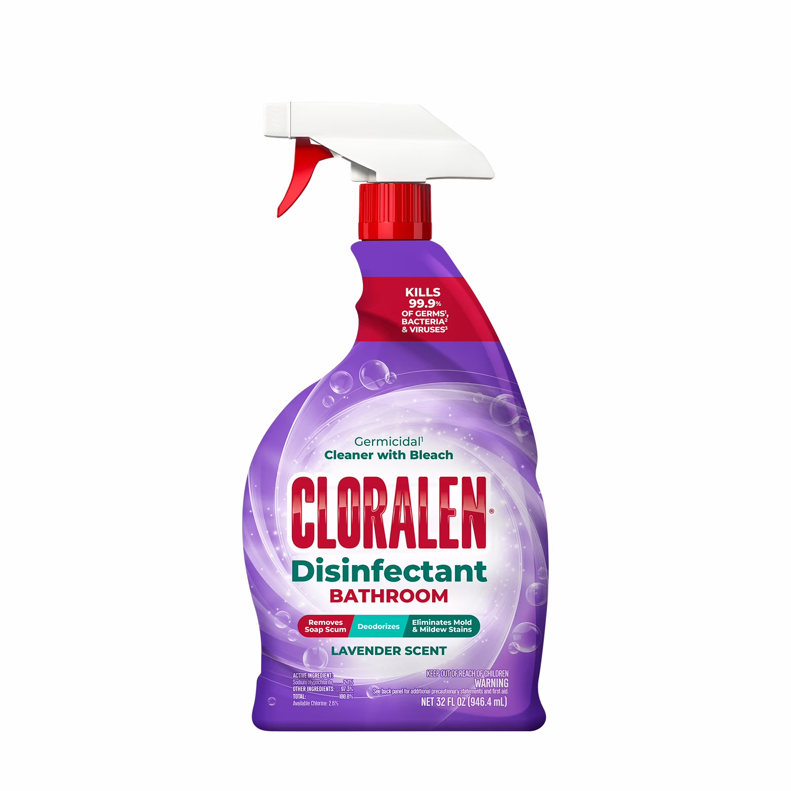 CLORALEN All Purpose Bathroom Cleaner Spray with Bleach, Lavender, 32 fl oz